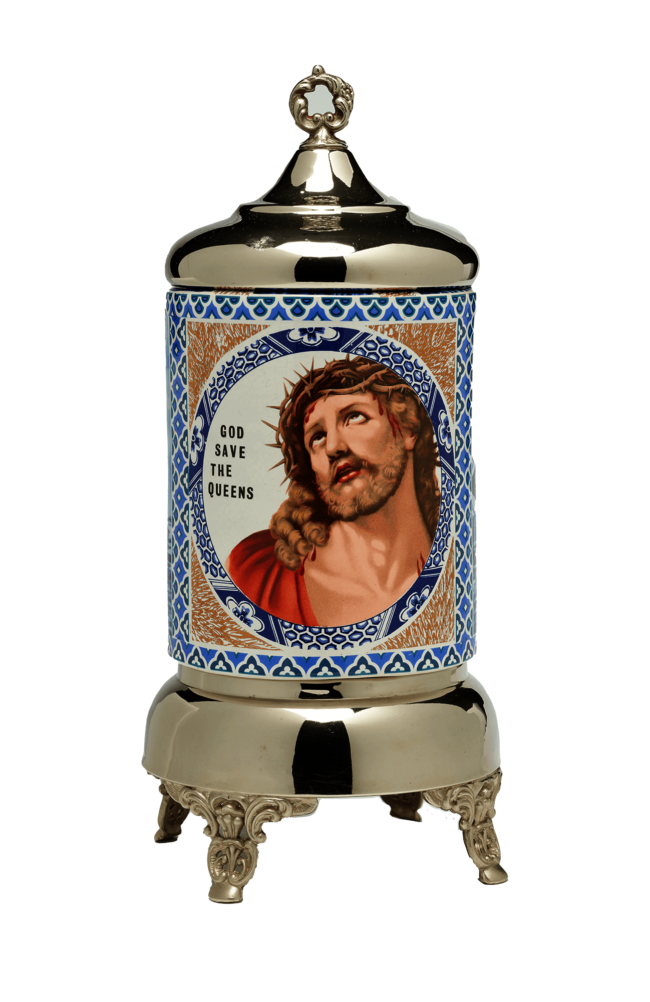 Vessel with metal lid and base and ceramic body with an illustration of Jesus with the text 'GOD SAVE THE QUEENS' 