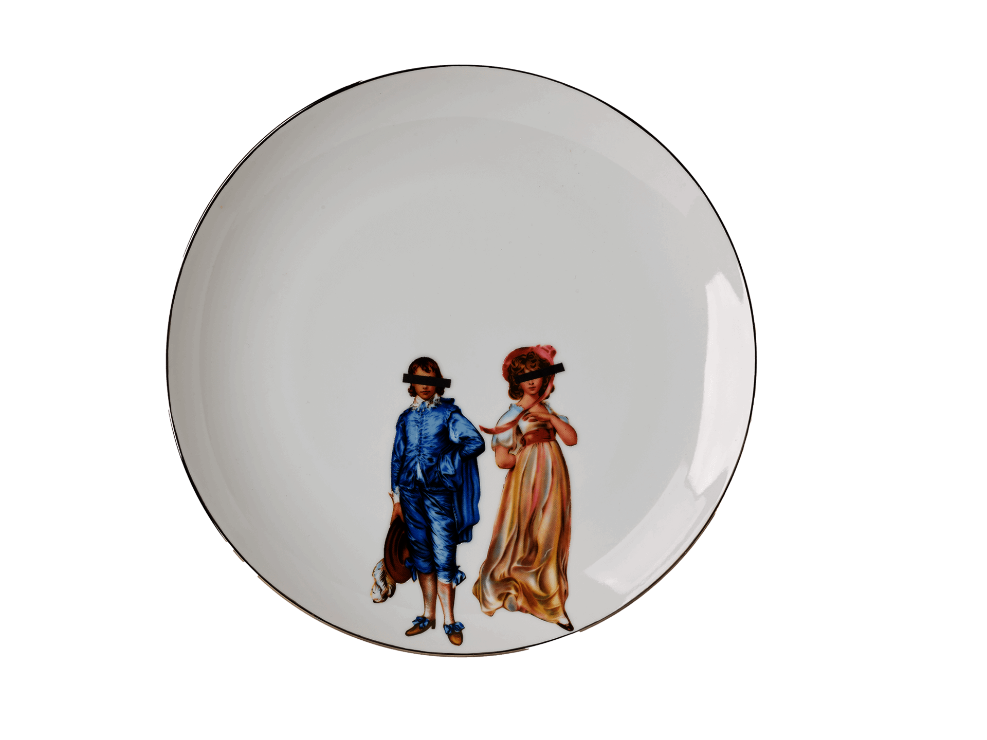 A white ceramic plate with an illustration of a Victorian-style man and woman with black bars covering their eyes