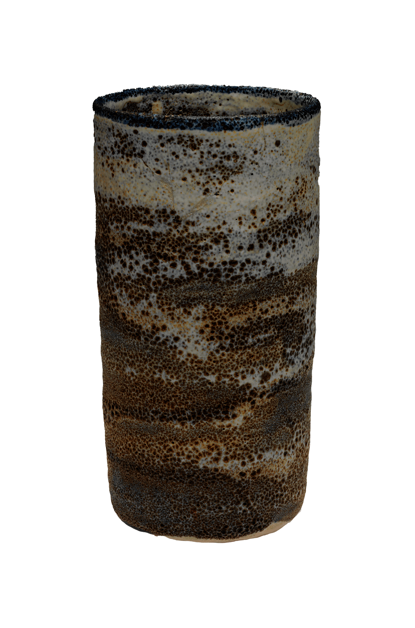 Stoneware vase with speckled brown glaze decoration and a blue rim