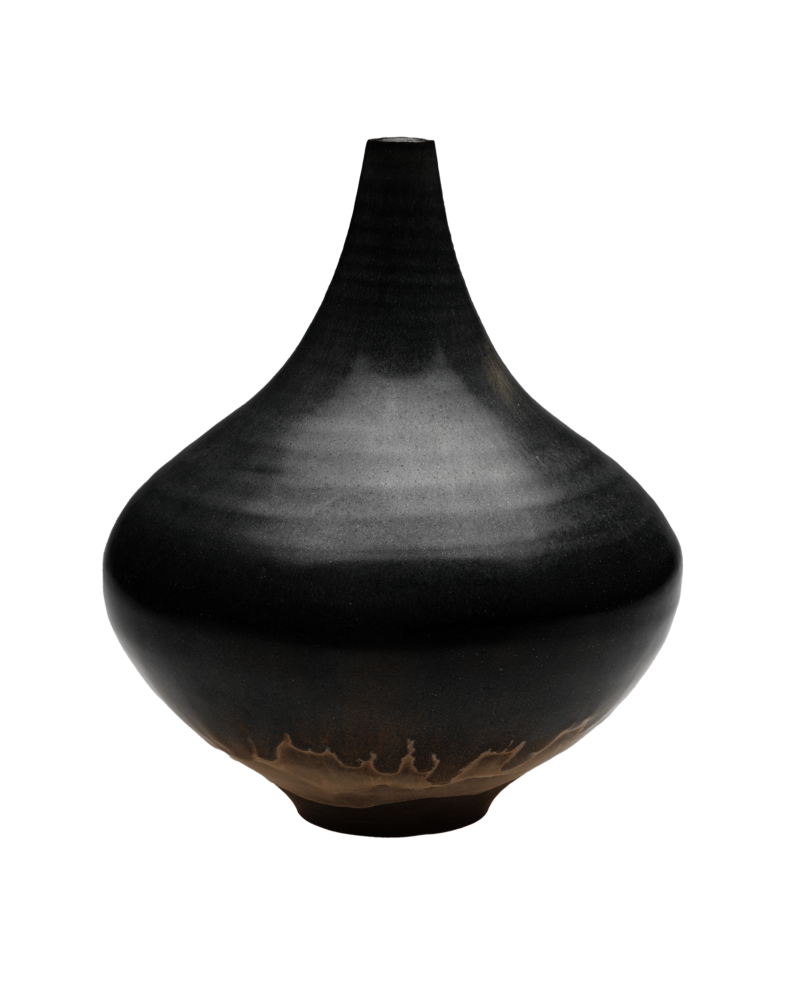 Black stoneware vessel with a tall narrow opening at the top tapering to a wider round base 