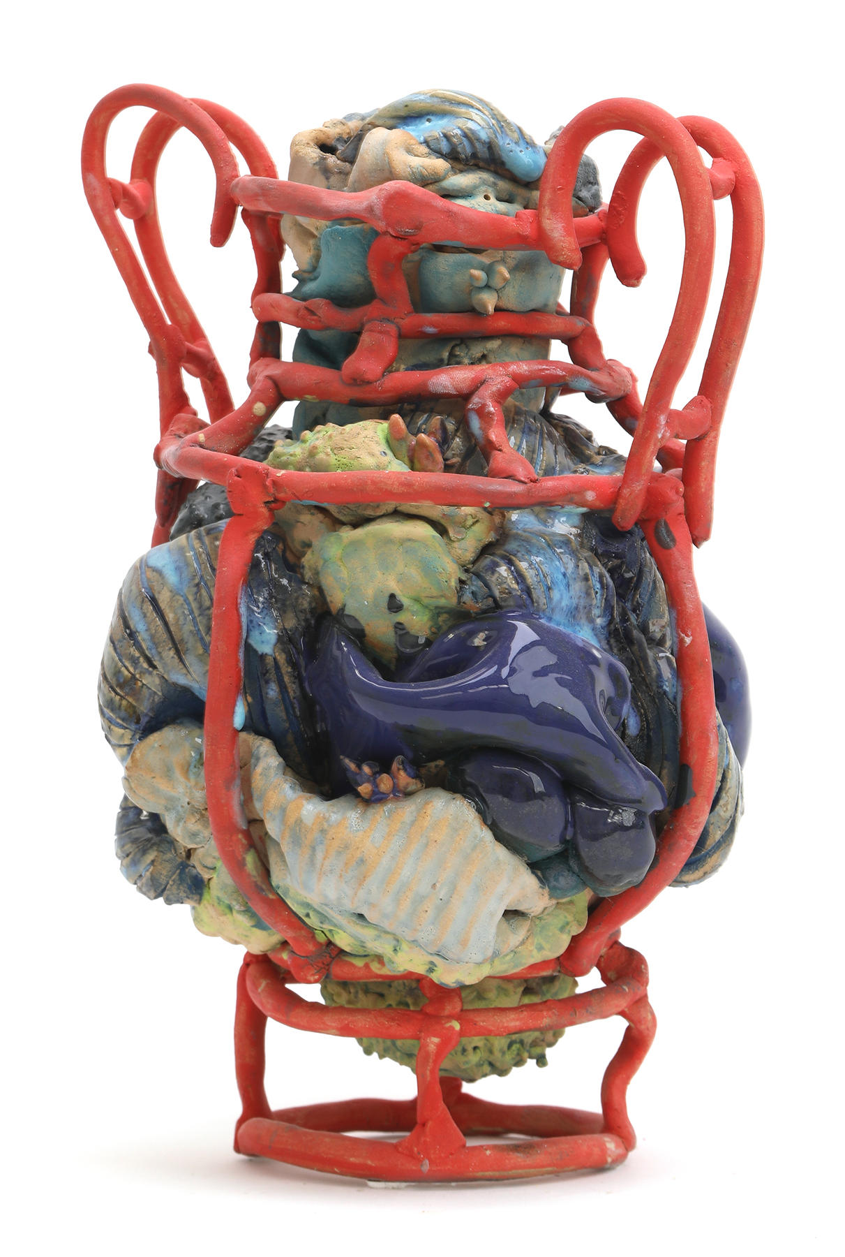 An amphora form made of red coils filled with gestural blue-green glazed clay sculpture. 