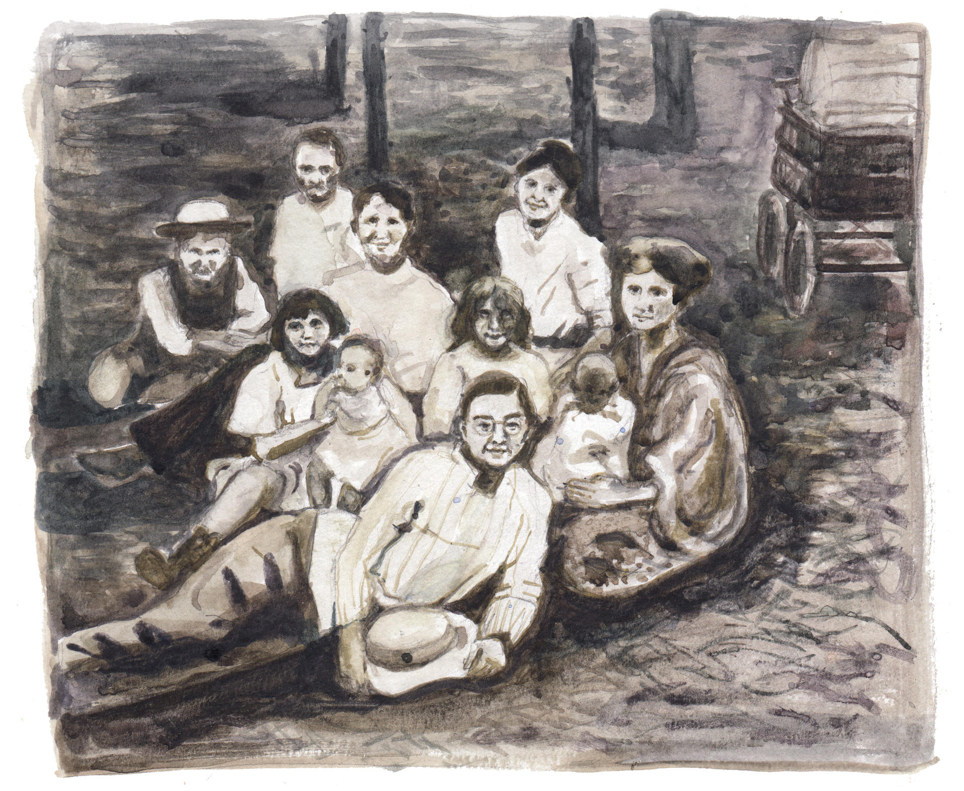 A painting of a family photograph of the Cohen family in 1909
