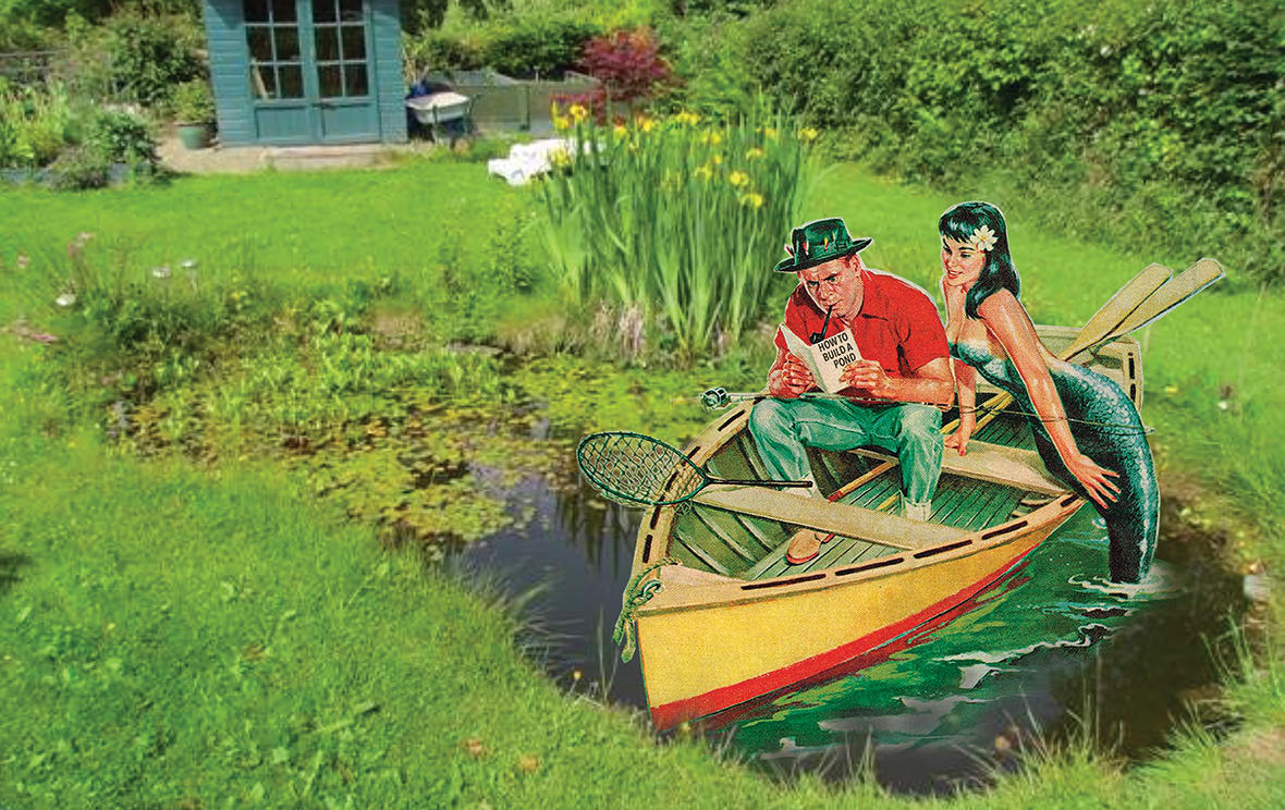Collage of a pond with a man in a boat with a mermaid.