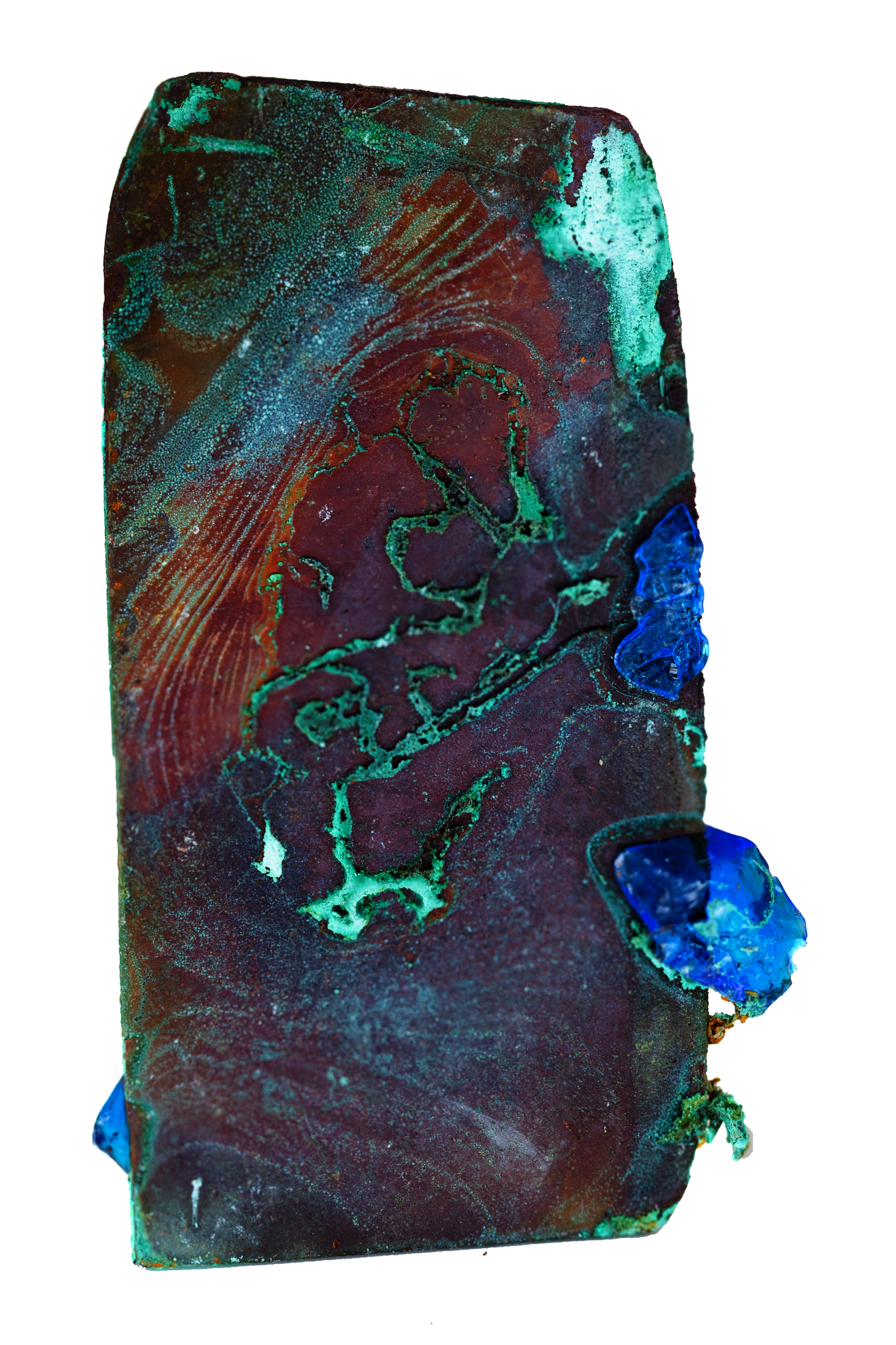 oxidized copper plate with blue copper sulfate crystal