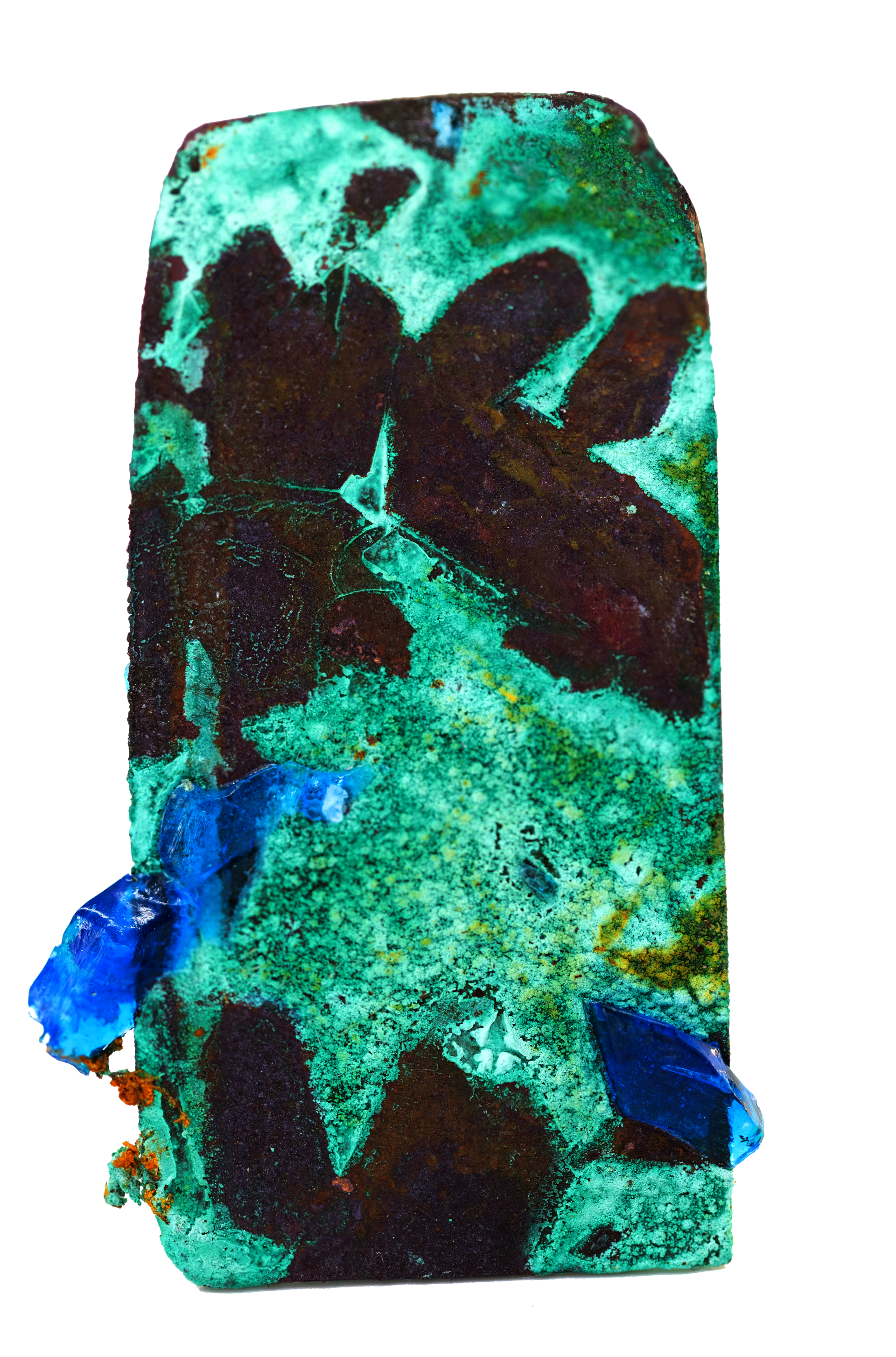 oxidized copper plate with blue copper sulfate crystal