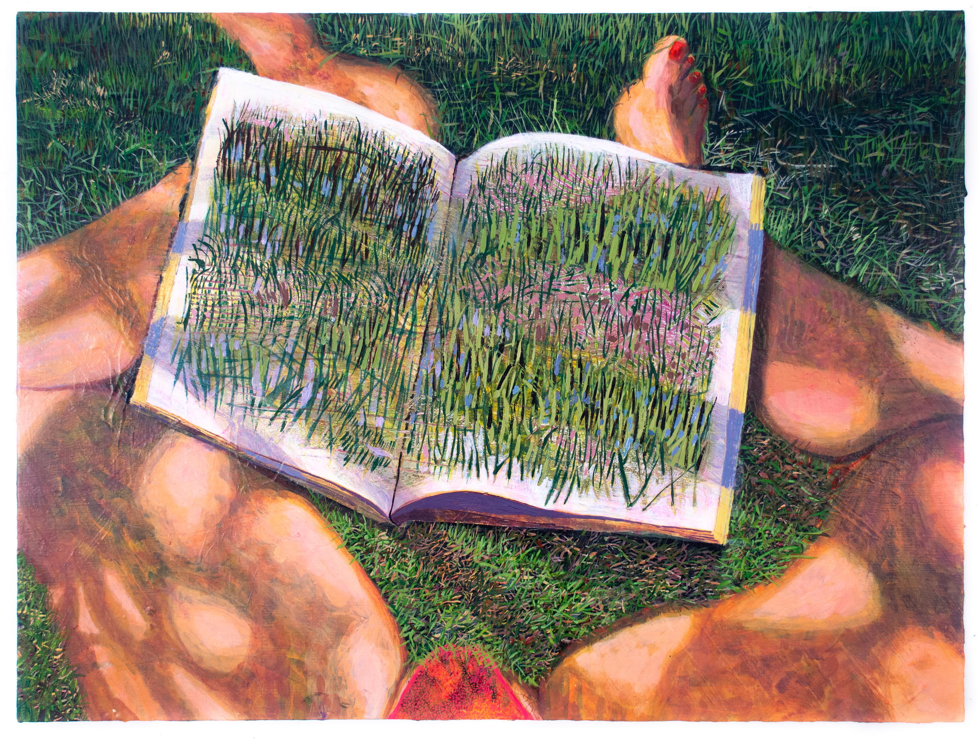 A painting of a first person perspective of a woman's bare legs sitting in the grass looking at a book that illustrates a grass drawing.