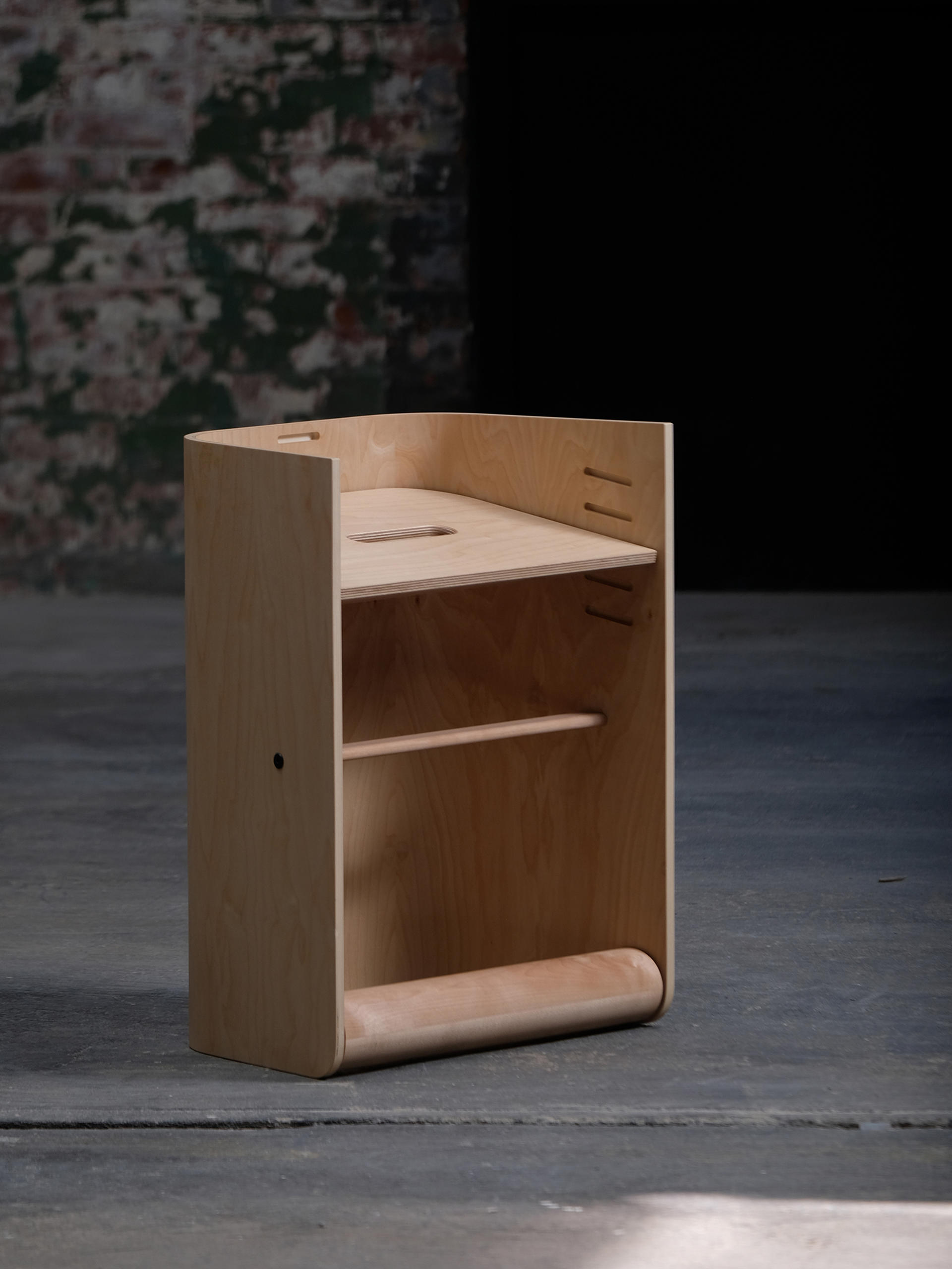Image of The Next One, an ergonomic, multi modal seat made from bent plywood and Birch.