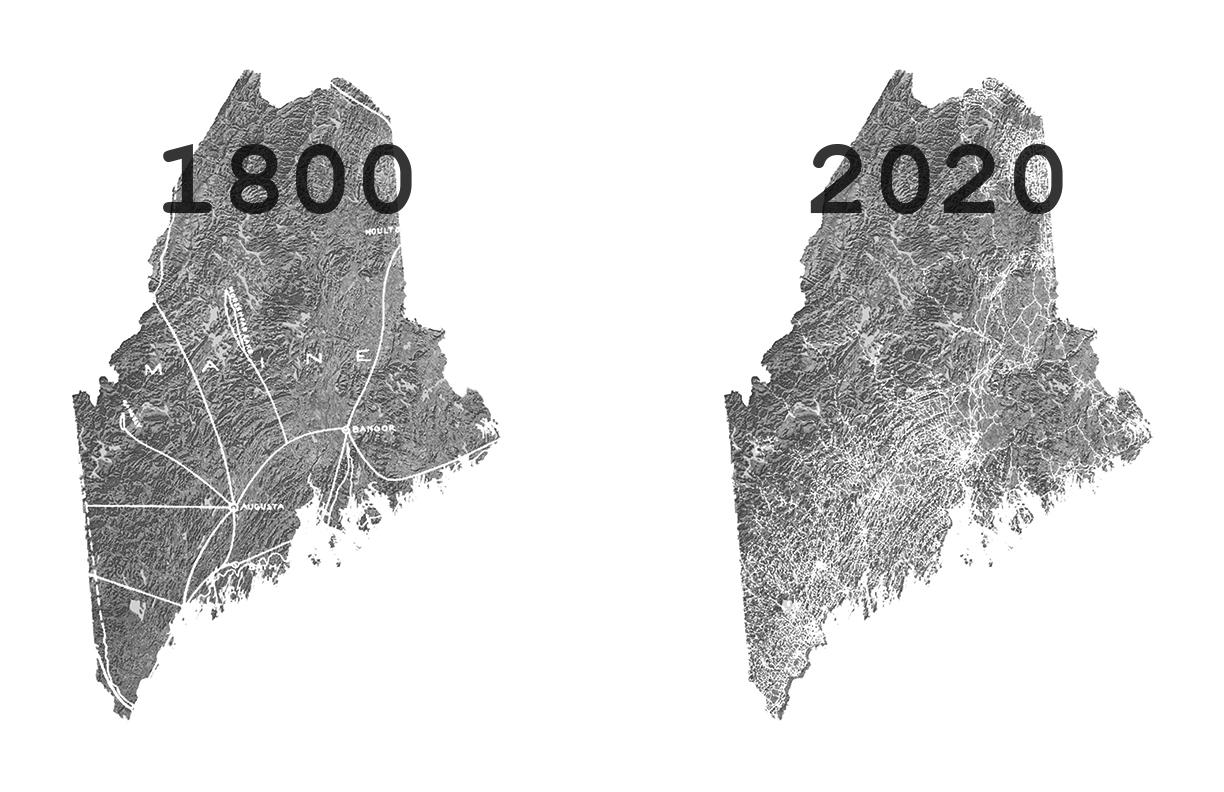 A map of road networks through the state of Maine over time.