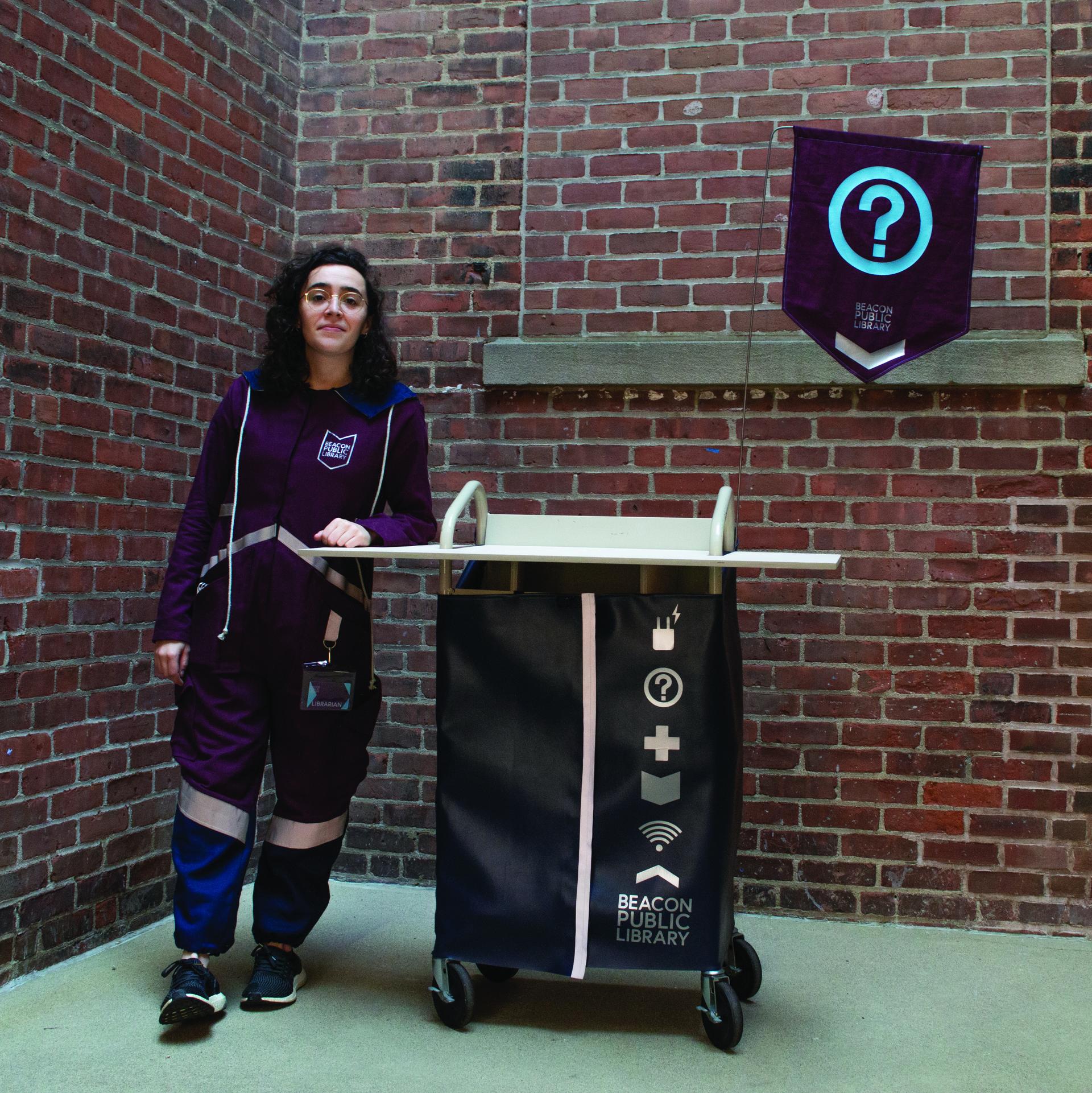 Library cart and librarian in uniform