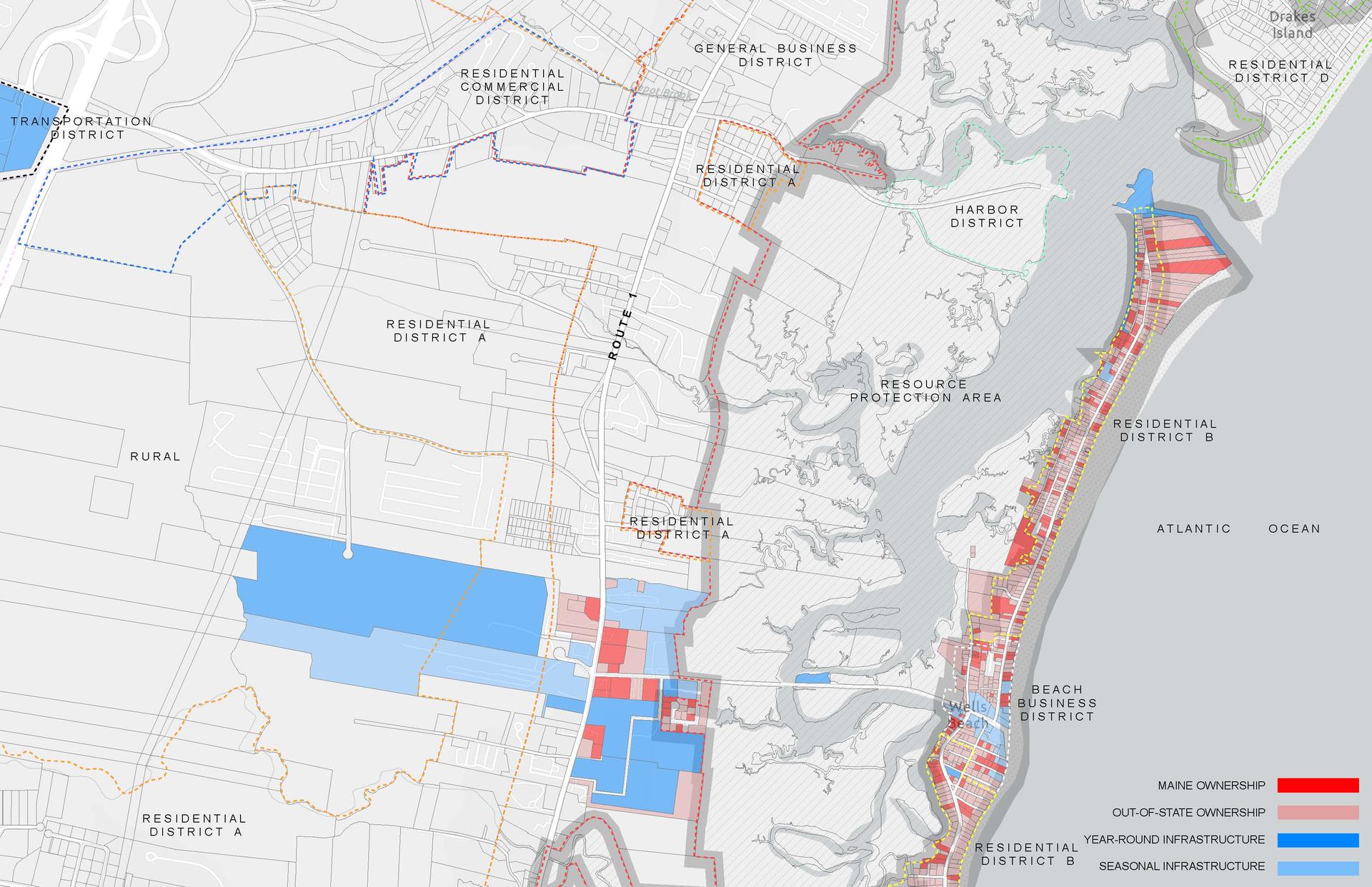 A map of housing lots illustrated for out-of-state and local ownership comparison.