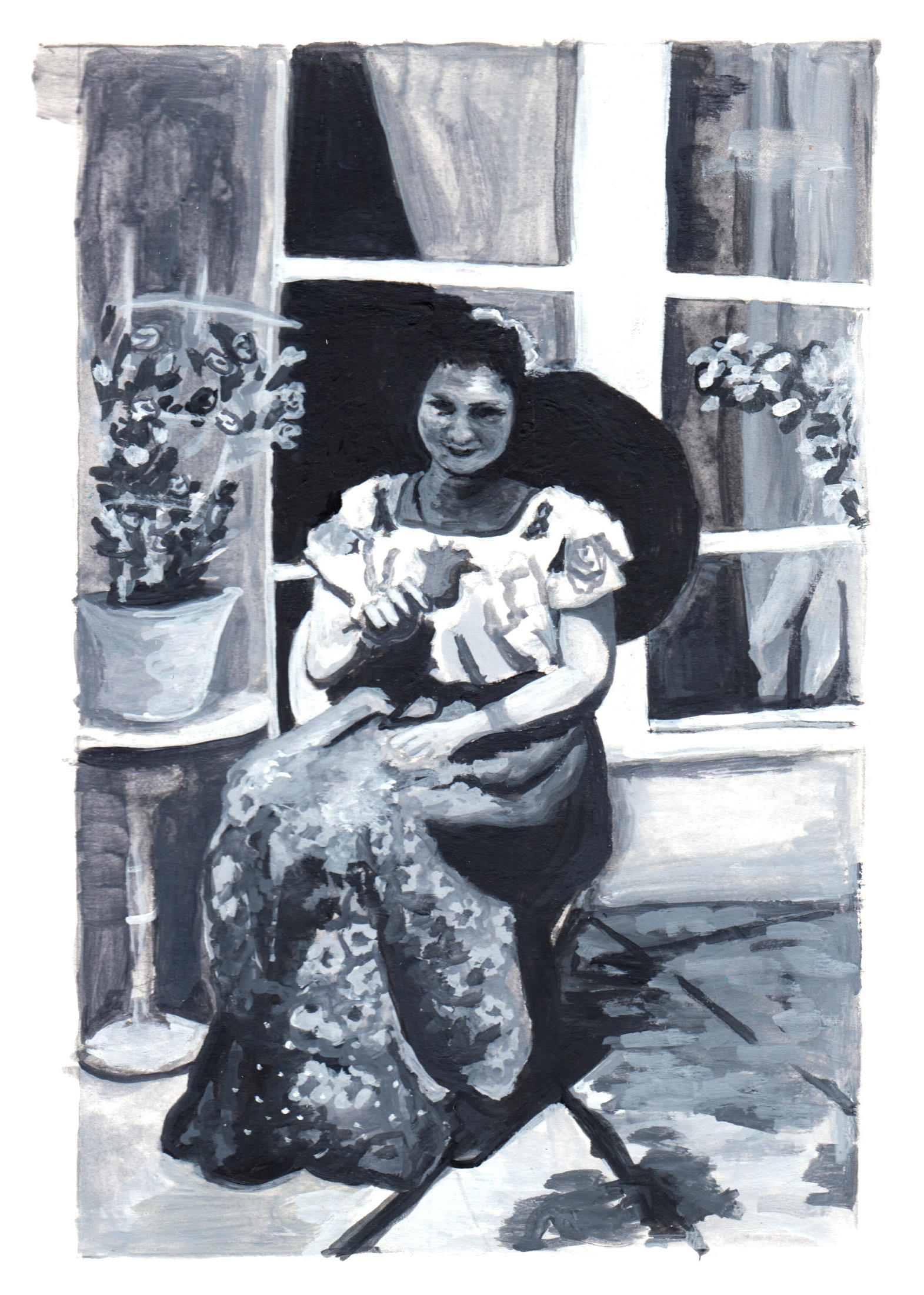 A black and white gouache painting of a woman sitting in a chair wearing a China Poblana outfit. My great grandmother. 