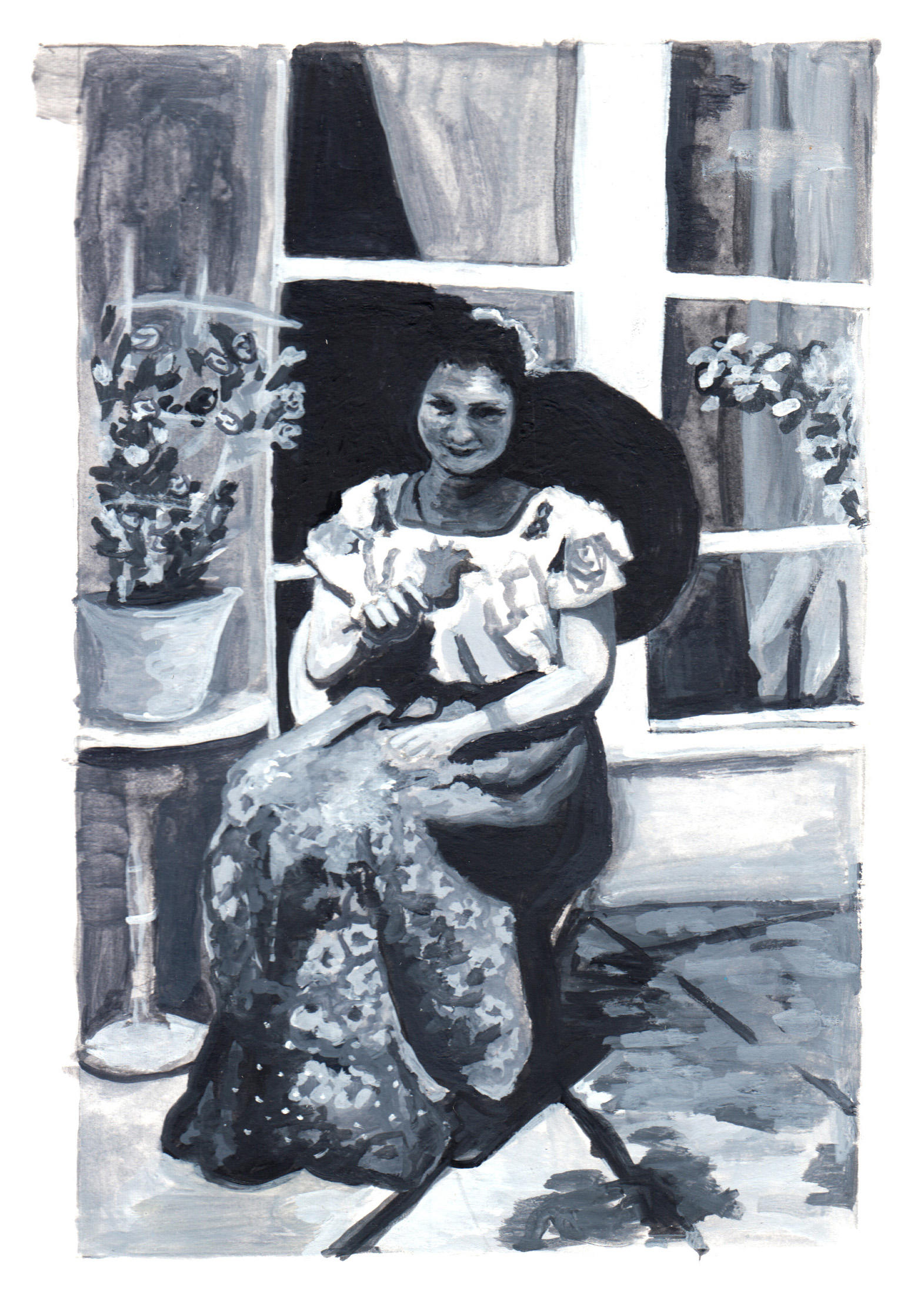 A black and white gouache painting of a woman sitting in a chair wearing a China Poblana outfit. My great grandmother.