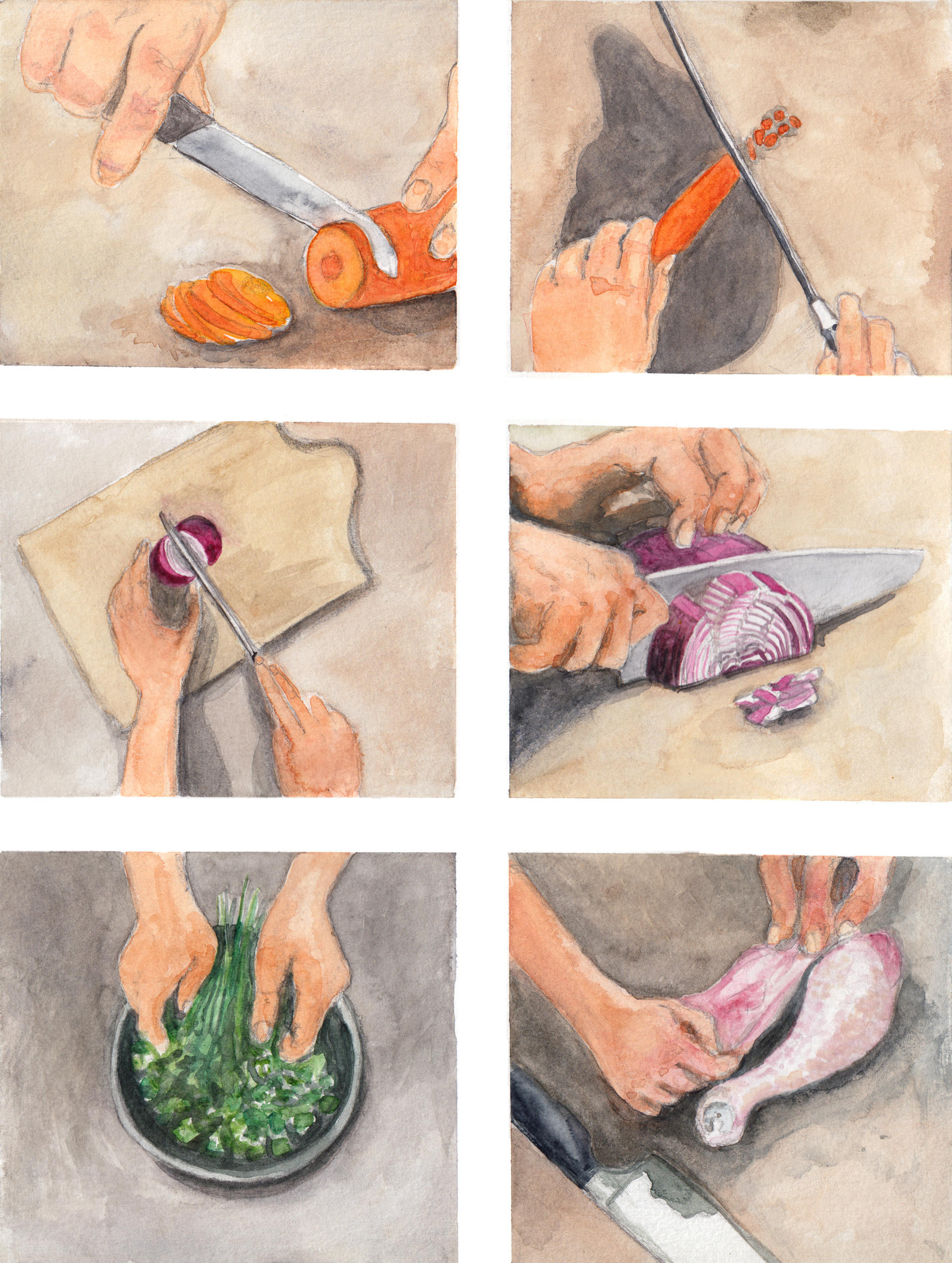 A grid of six images each of hands preparing vegetables or meat for chicken soup.