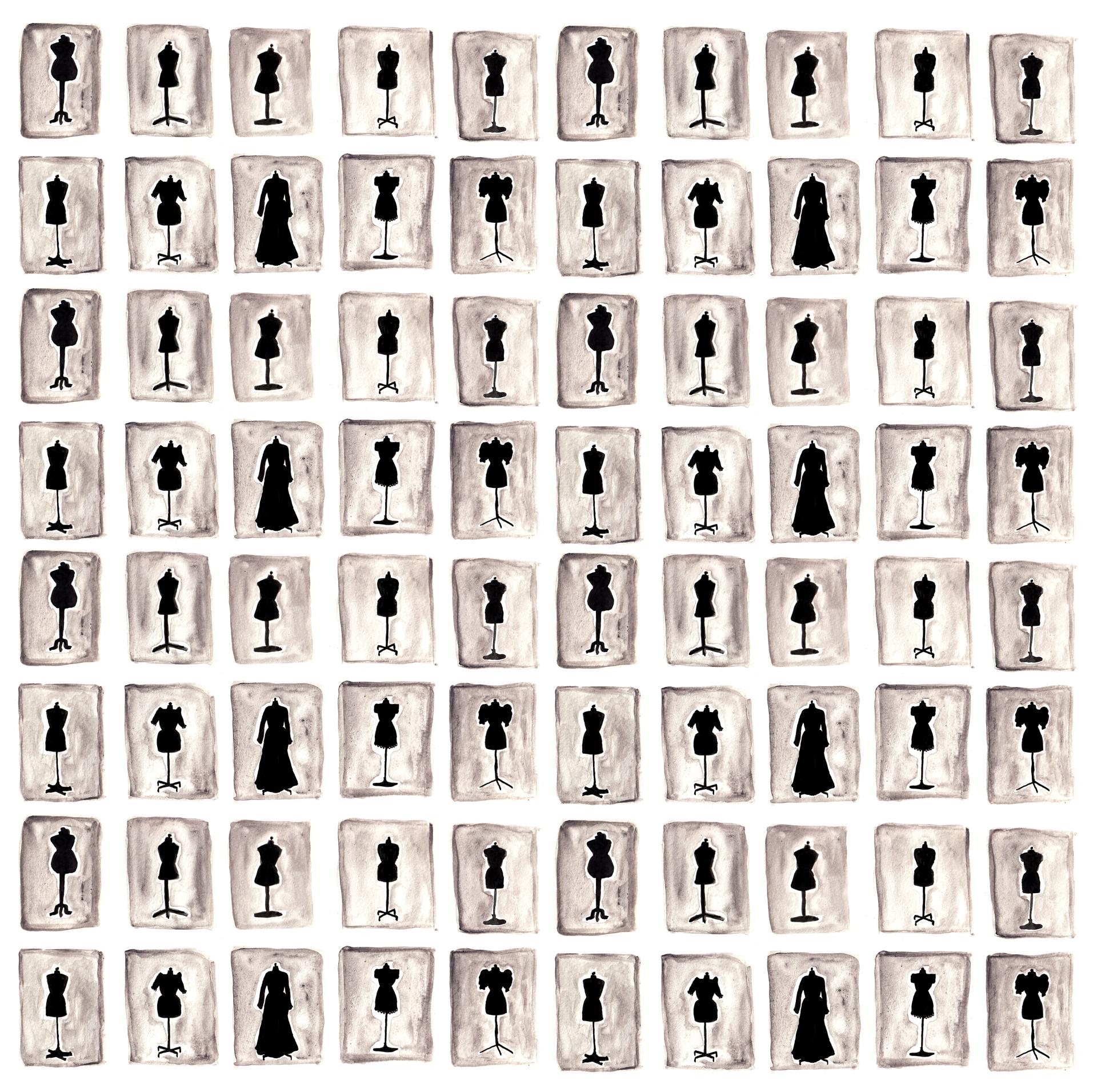 Silhouettes of different kinds of dresses on dress forms in a repeat pattern