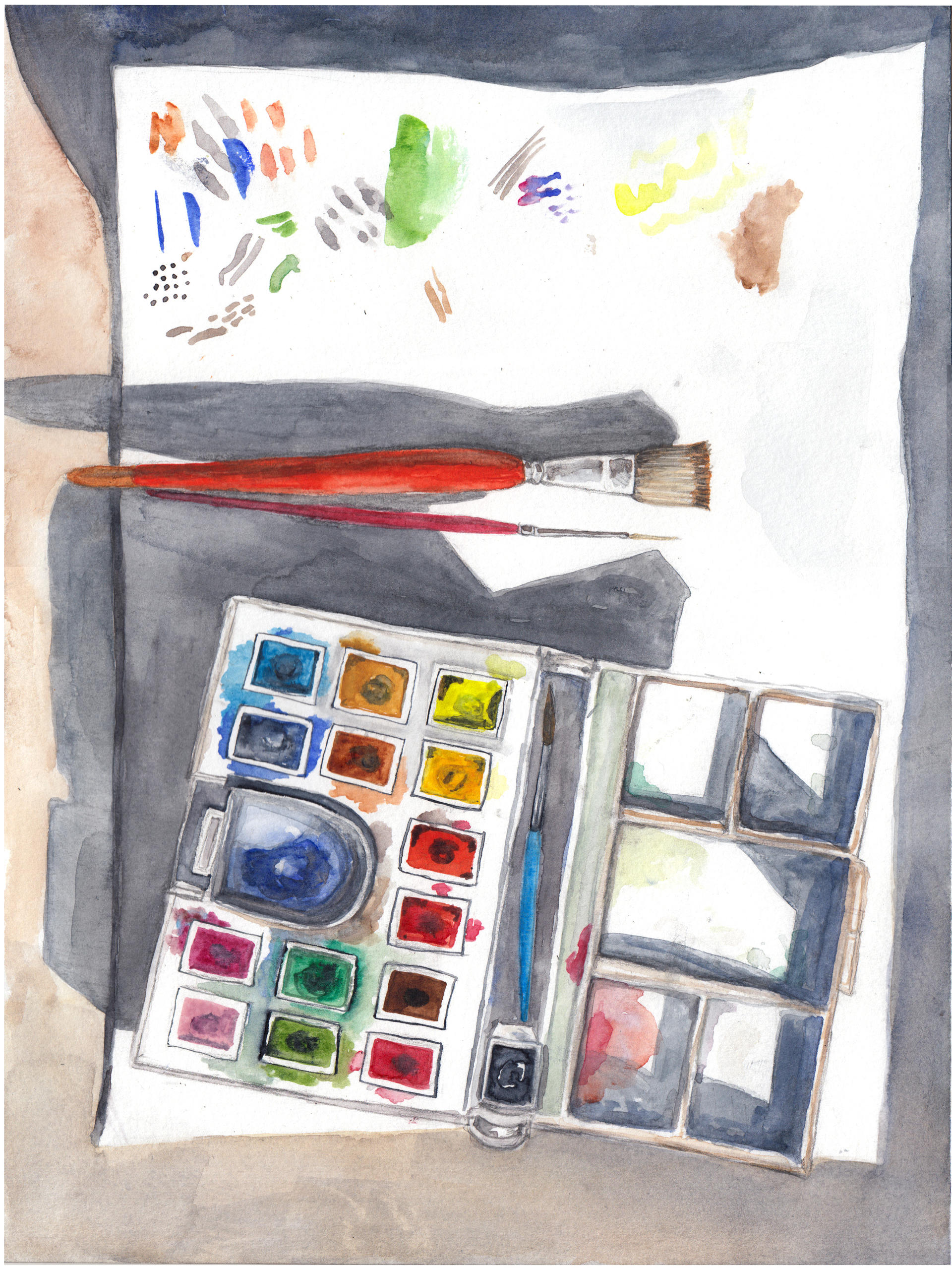 A watercolor painting of an open box of watercolor paints and some brushes on top of a white piece of paper with some paint marks on it