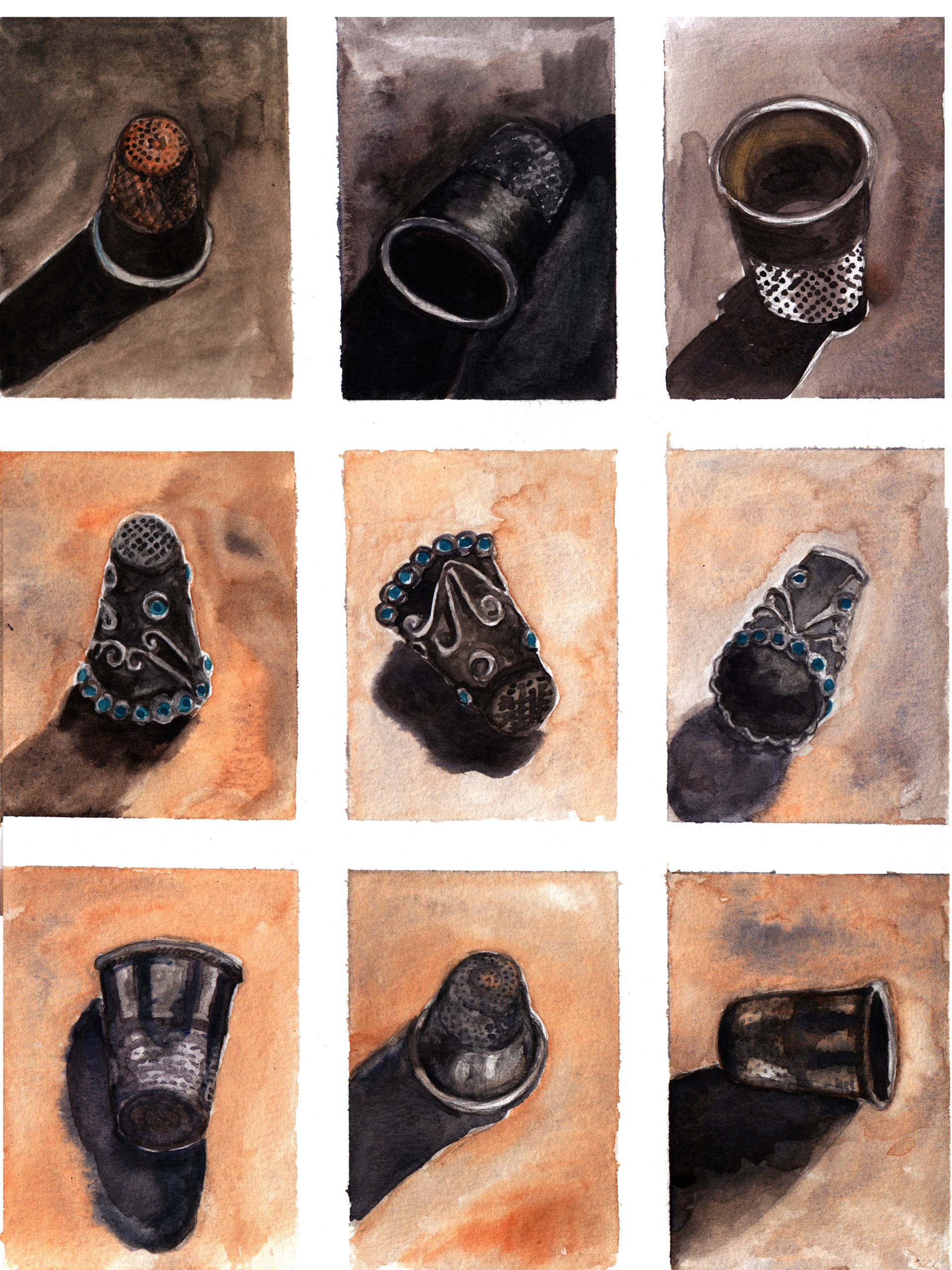 A grid of nine watercolor paintings of thimbles