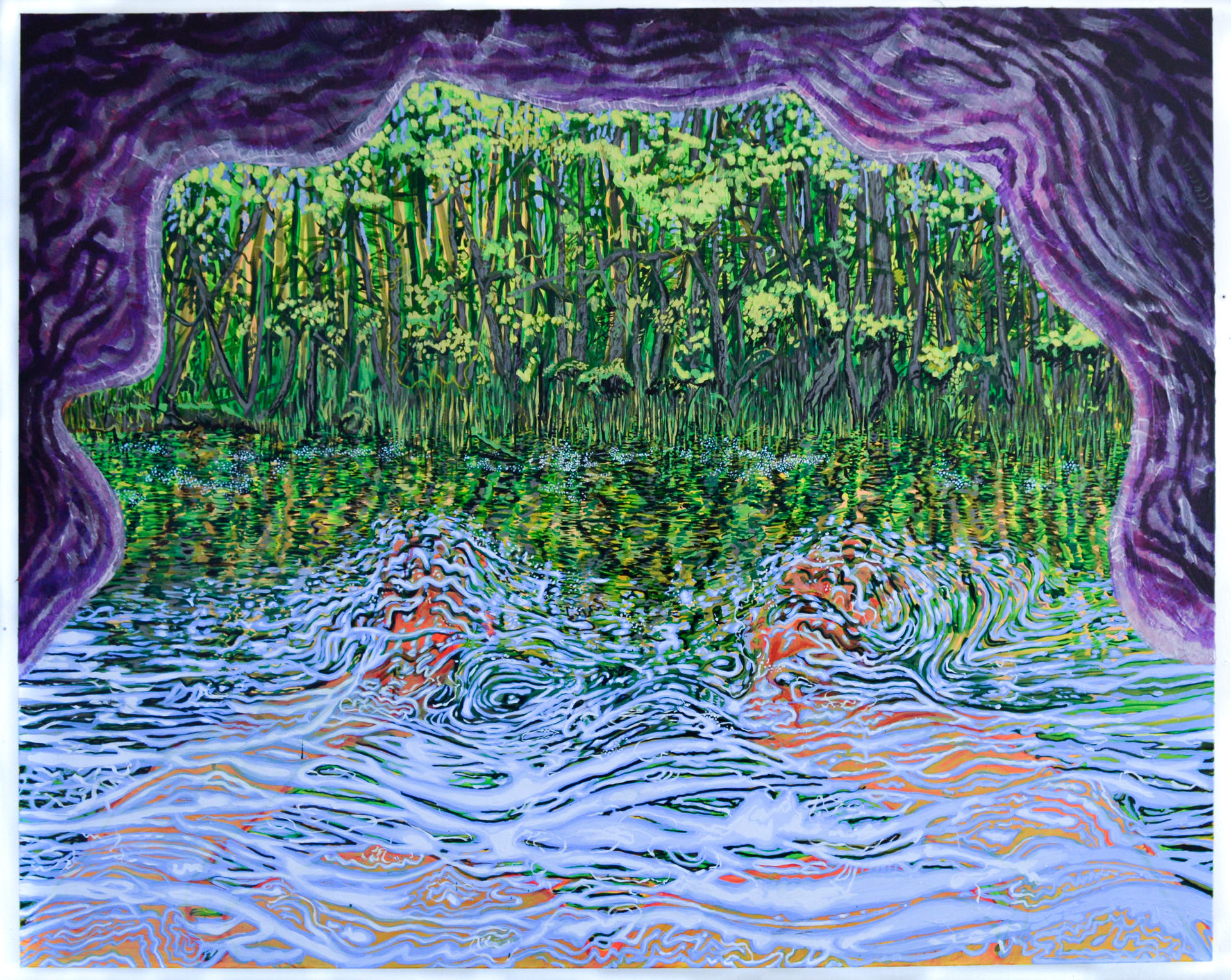 A painting of a first person perspective swimming in water