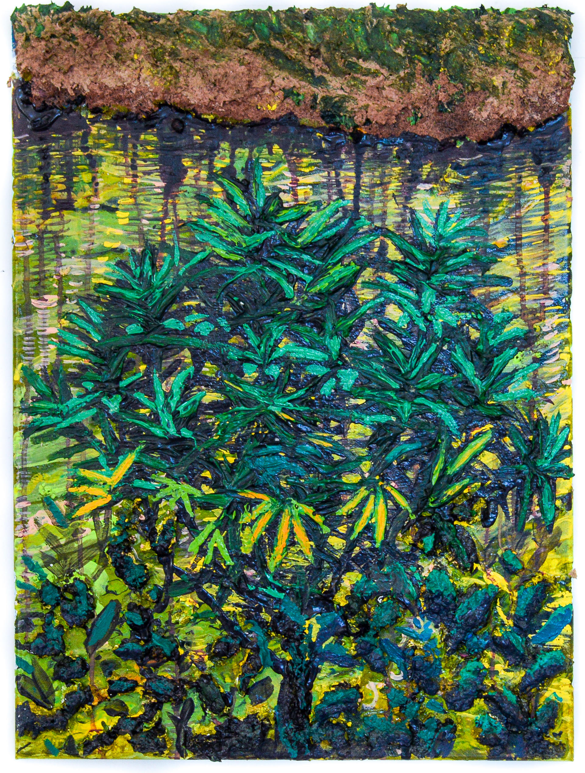 A painting of a cannabis plant in front of a body of water
