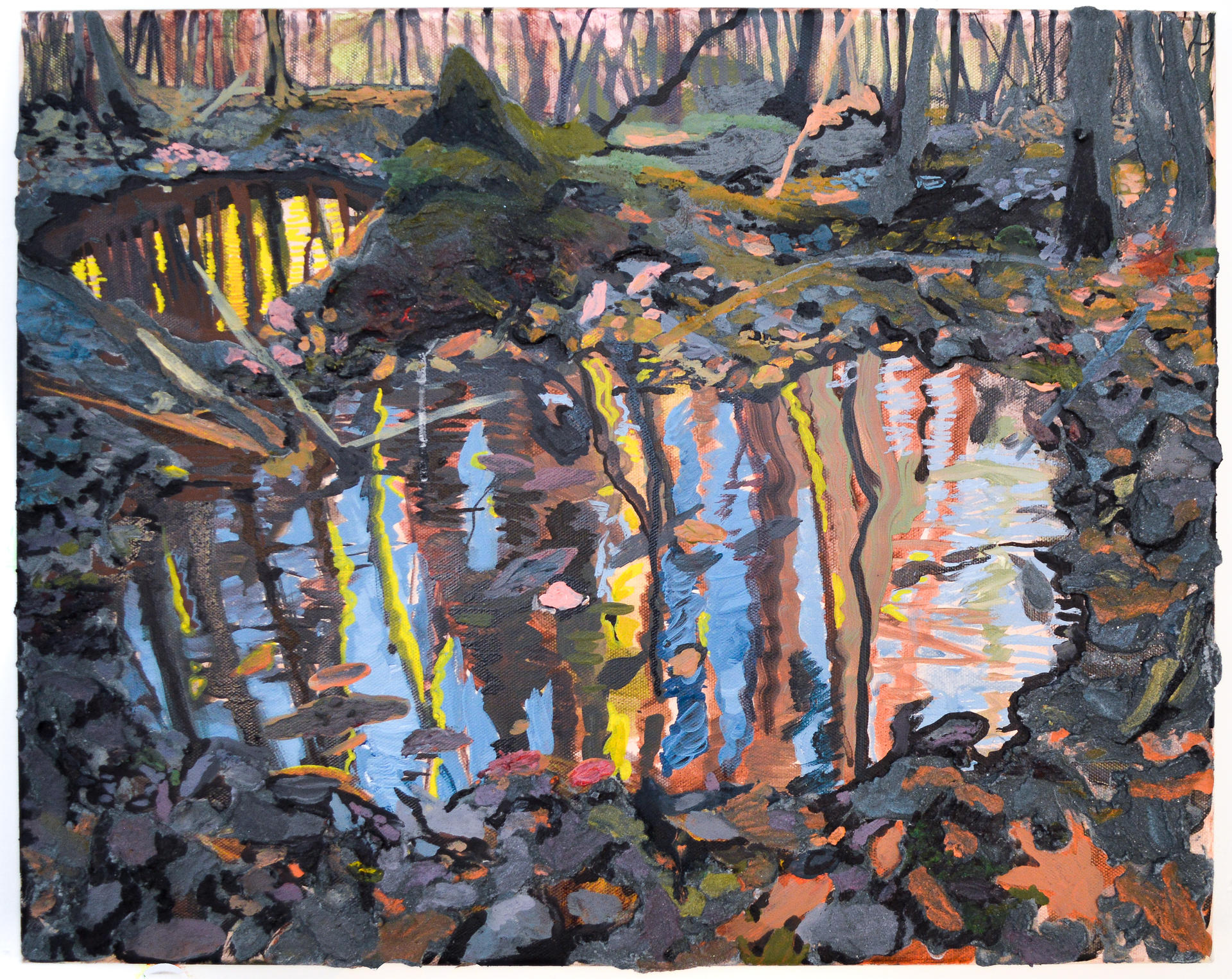 A painting of a puddle near a pond