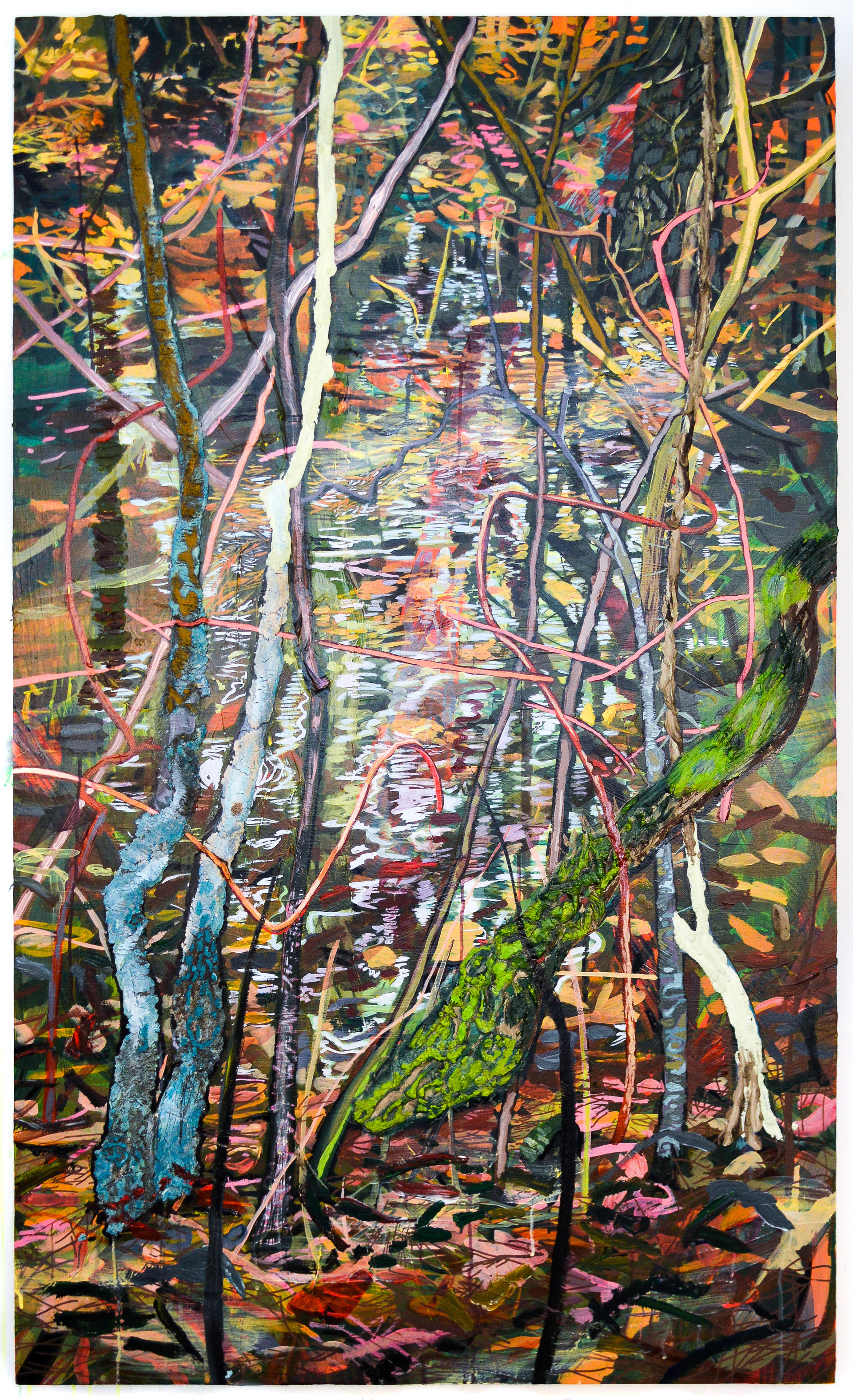 A painting of wetlands and foliage in the fall