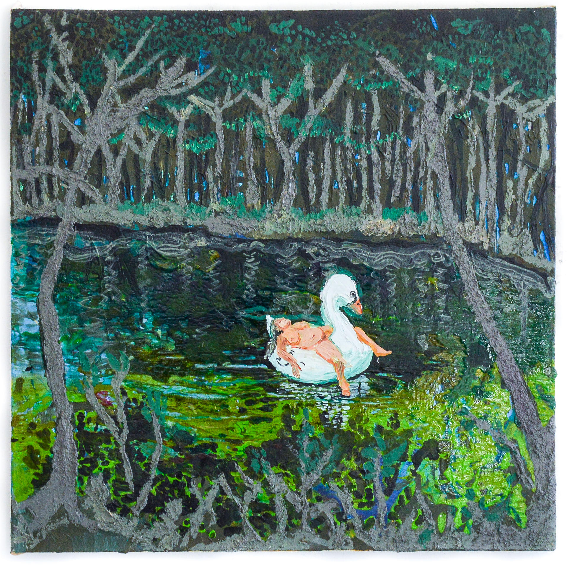 A painting of a woman floating on an inflatable swan in a pond