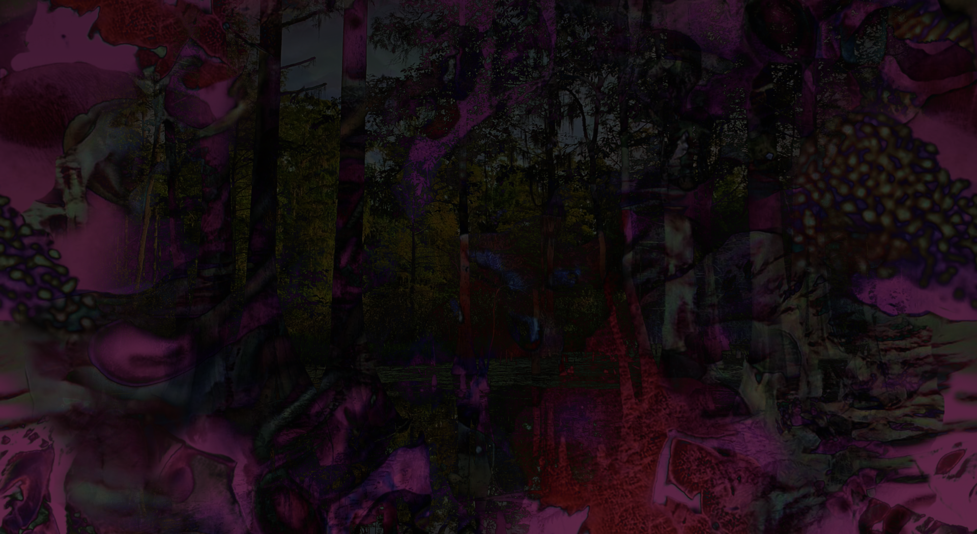 Cyprus trees set in blend-mode difference over a tiled layer made from GAN generated imagery, all set on a pink background - The Ephemeral Altar & The Floating Grave - Hannah Suzanna