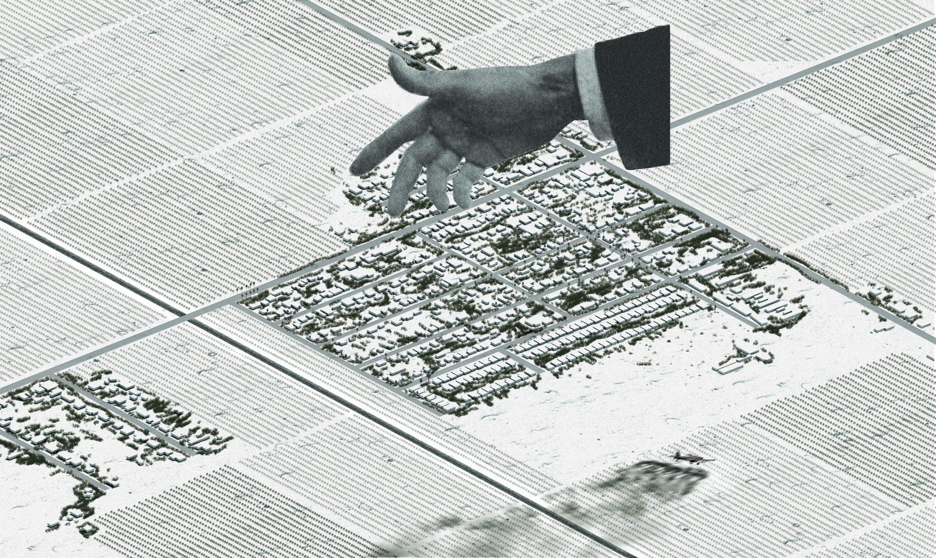 An axonometric drawing conveying the original condition of an unincorporated community. The town is rendered in black and white, surrounded by pistachio orchards, and the floating hand of Le Corbusier.