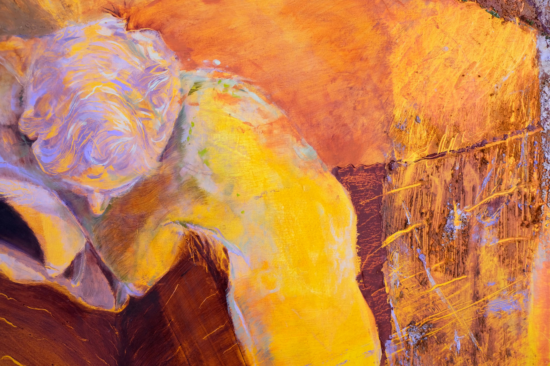 Photo of a detail of a yellow and purple painting. You can see the aerial view of a figure with muscular arms standing on an edge and varying textures.