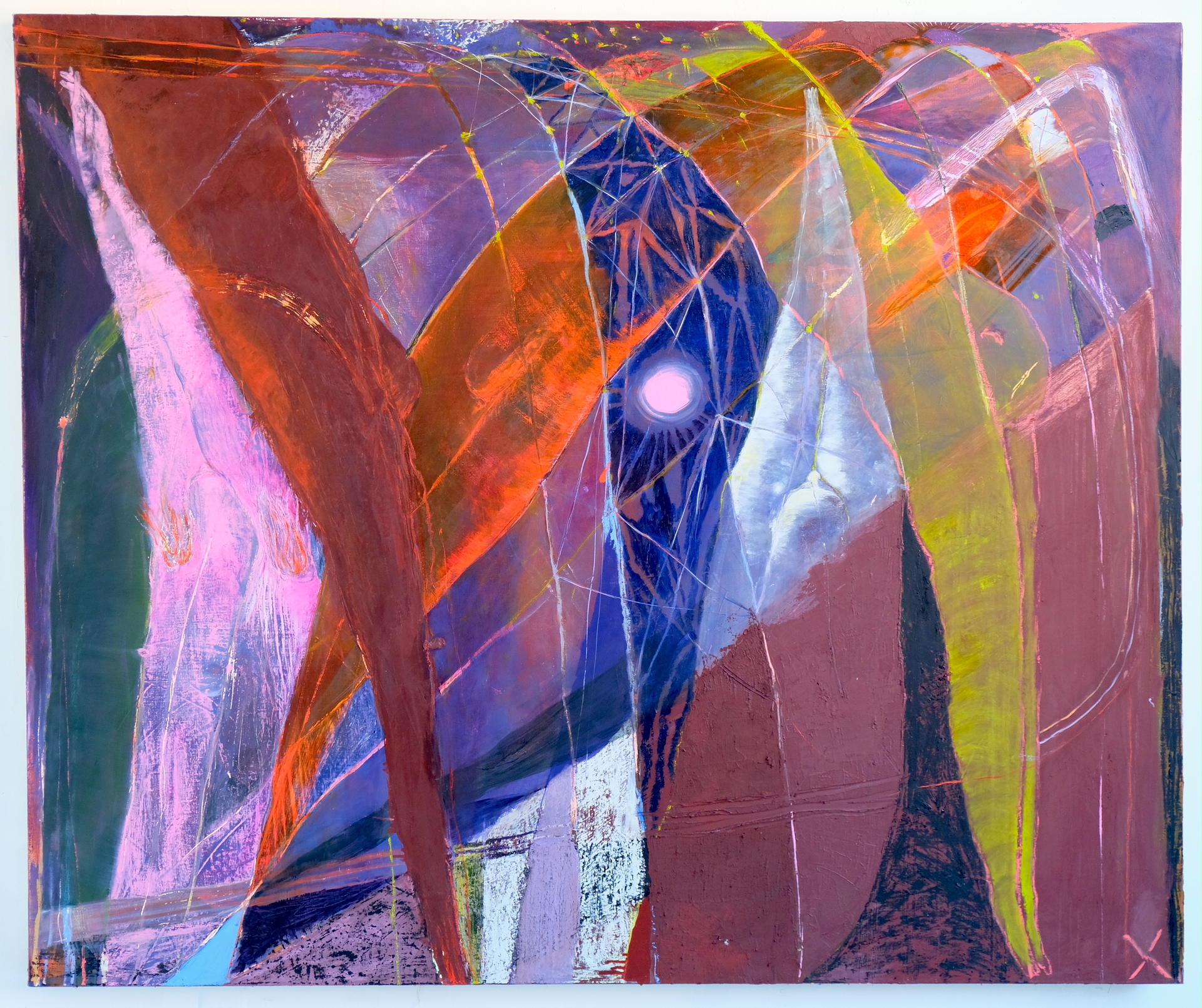 Photo of a crusty oil painting in iridescent purple, pink, lime green, earth red, and orange. Abstracted bodies dive through a net of loops as if underwater.