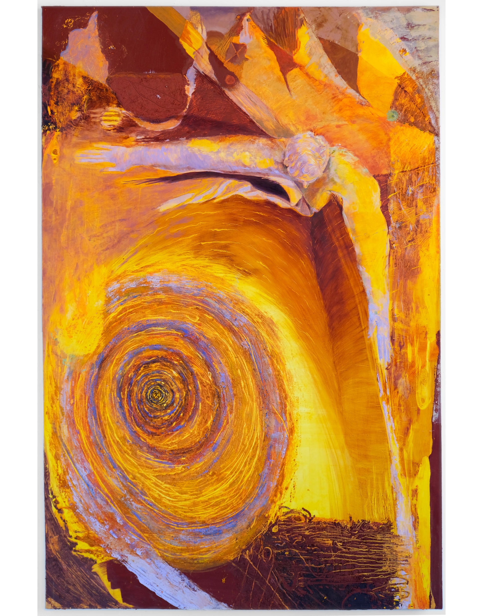 Photo of an oil painting in yellows, browns, and lavenders. There's an aerial view of a figure with outstretched arms and a large, crusty spiral. 