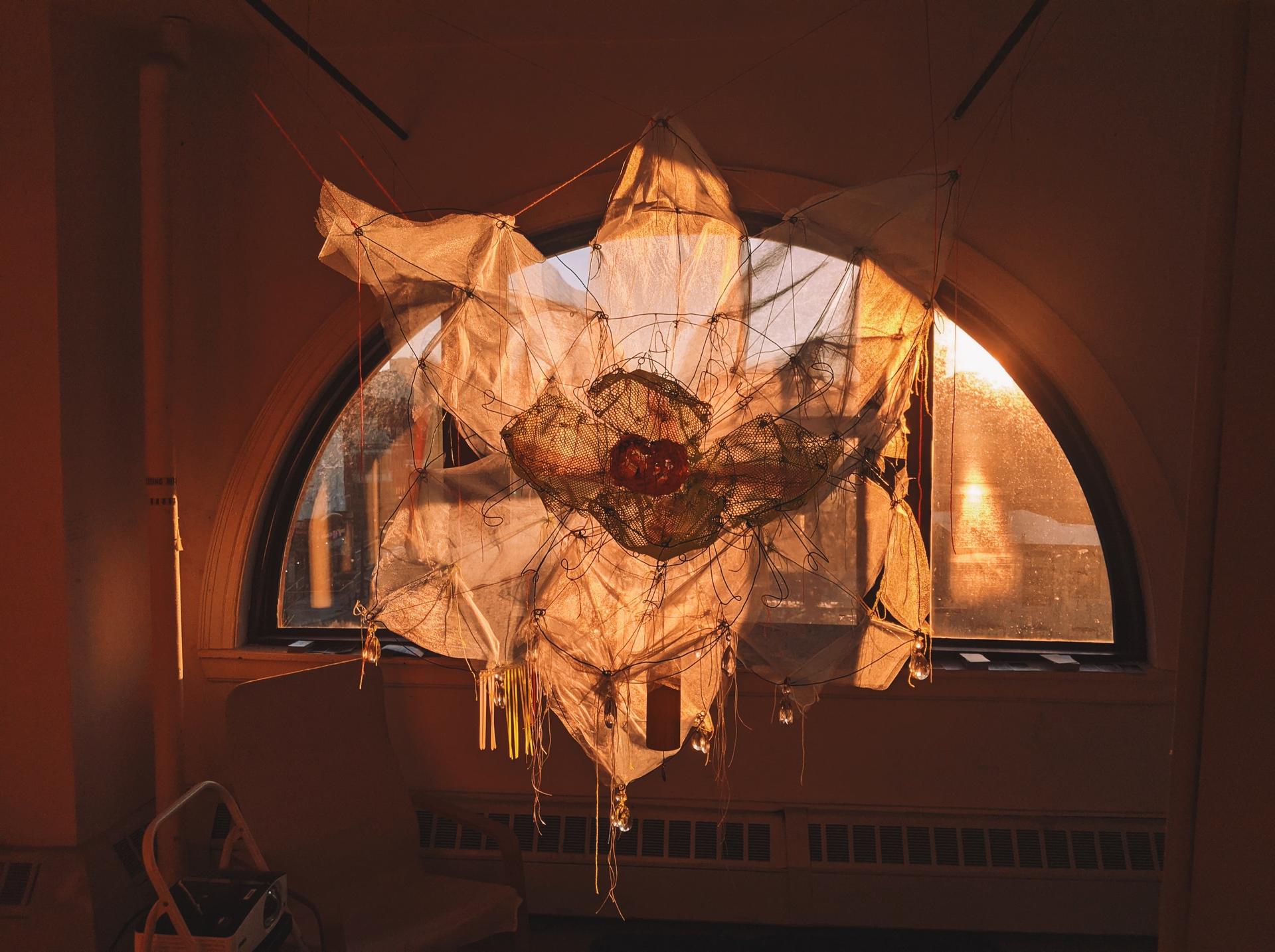 Photo of partially completed magnolia sculpture made from wire and tulle. - The Ephemeral Altar & The Floating Grave - Hannah Suzanna