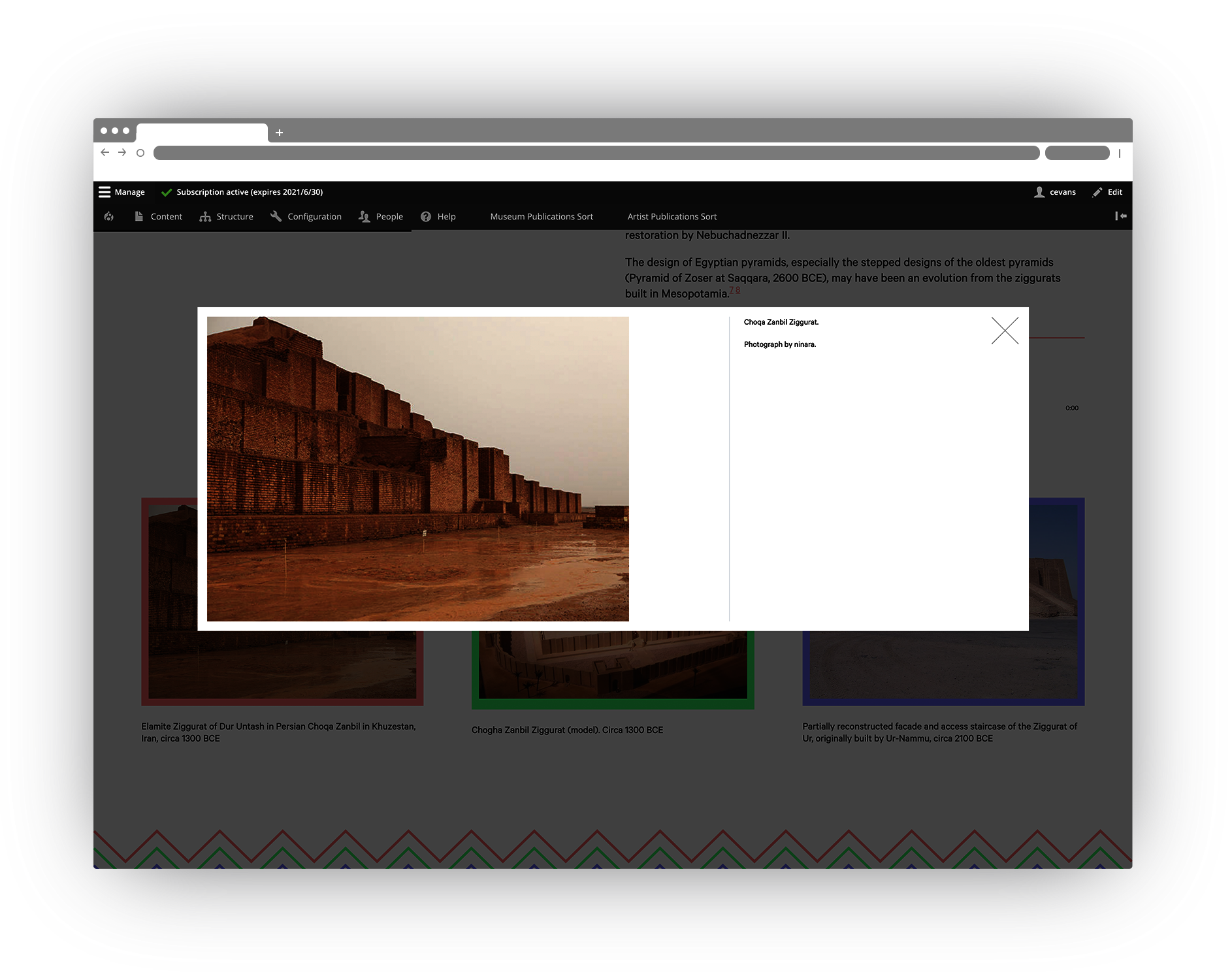 screenshot of the Ziggurat interface, showing a modal window for an image of a ziggurat