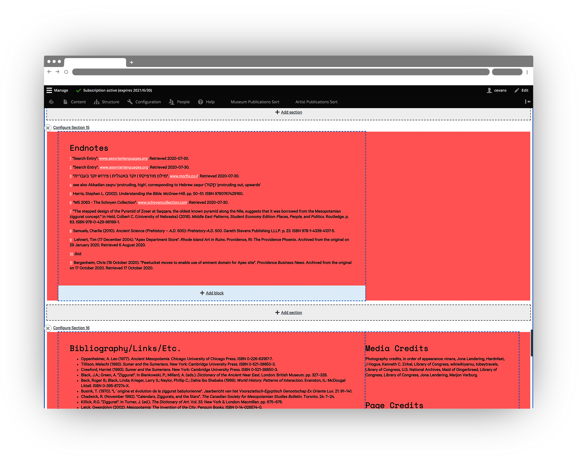 screenshot of the Ziggurat interface, showing Endnotes and Bibliography blocks