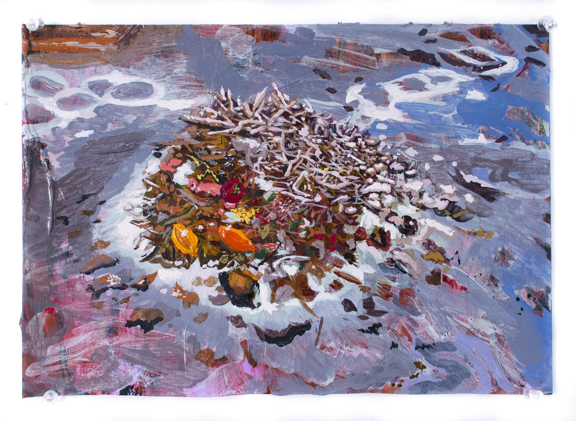 Painting of a compost pile covered in frost