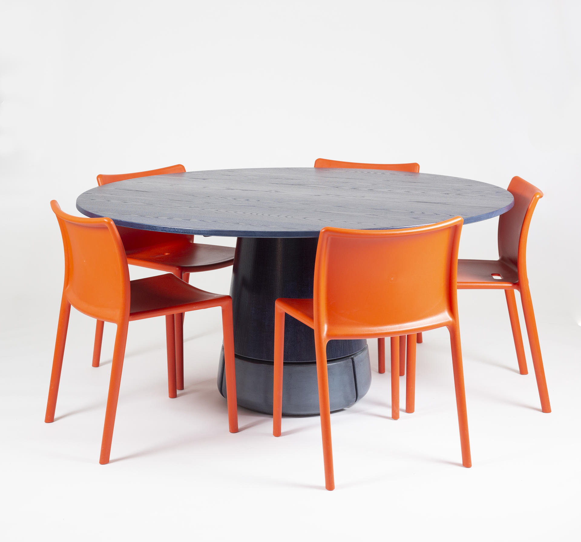 Orange Chairs around Blue Table