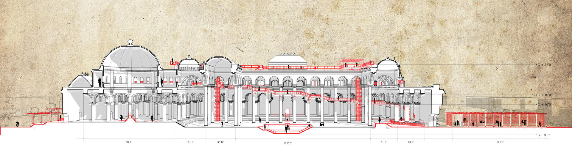 Longitudinal section showing the architectural path and thresholds.