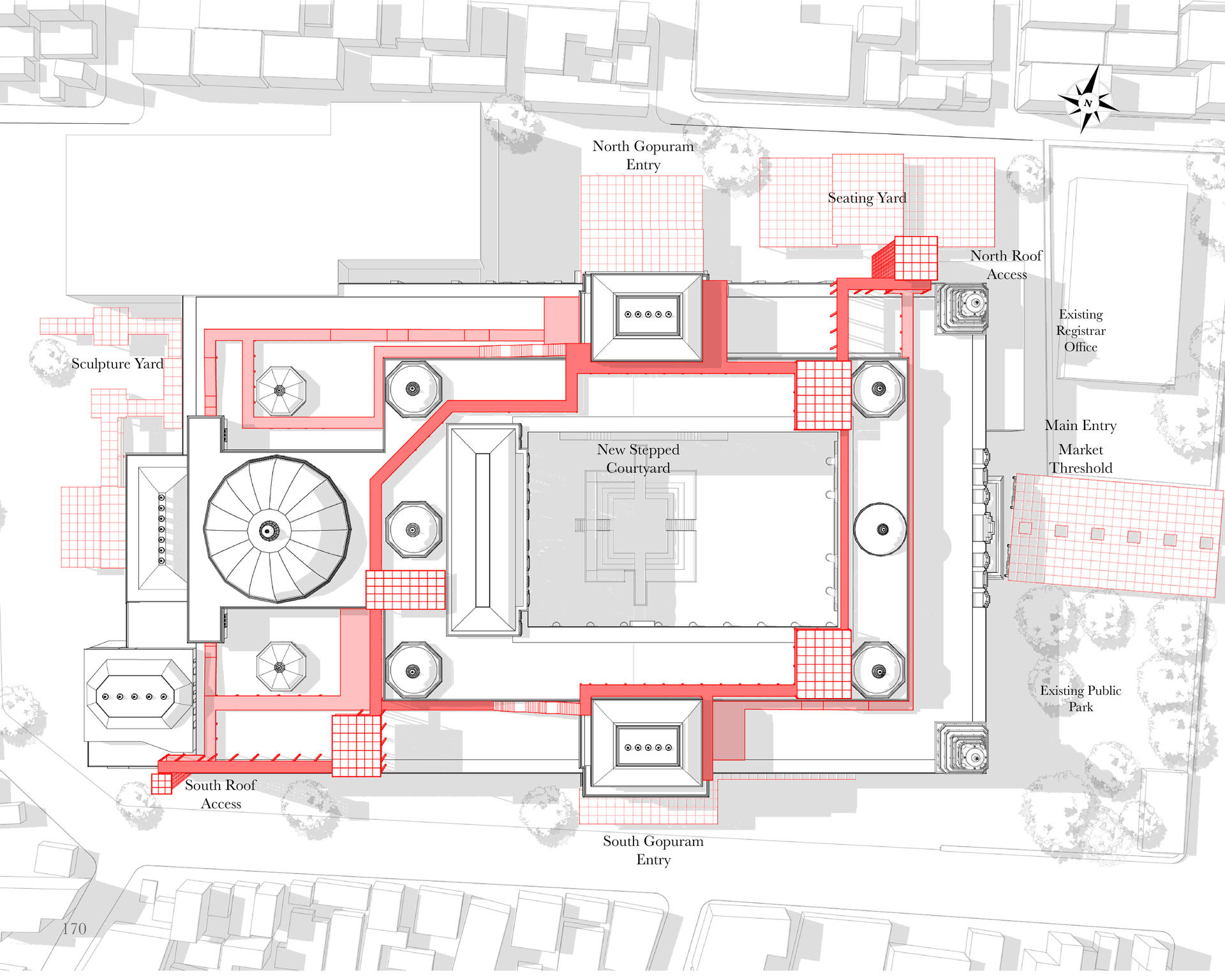 Site plan showing the threshold and roof interventions