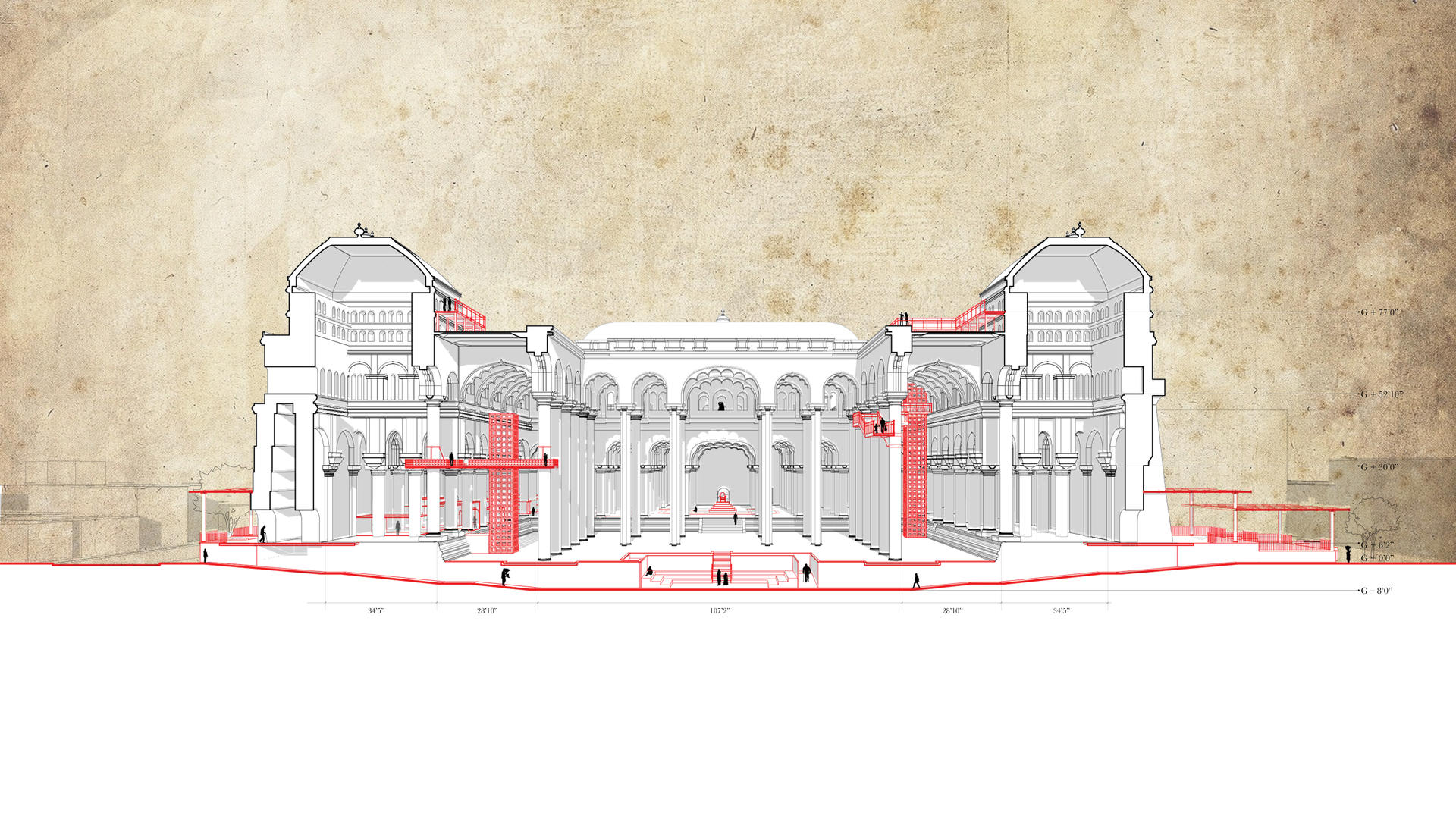 Transverse section through NS showing the thresholds, roof, new street access and the architectural and epic paths