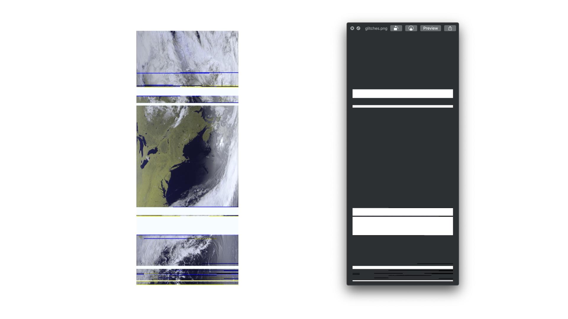 a satellite image and the white glitches in it