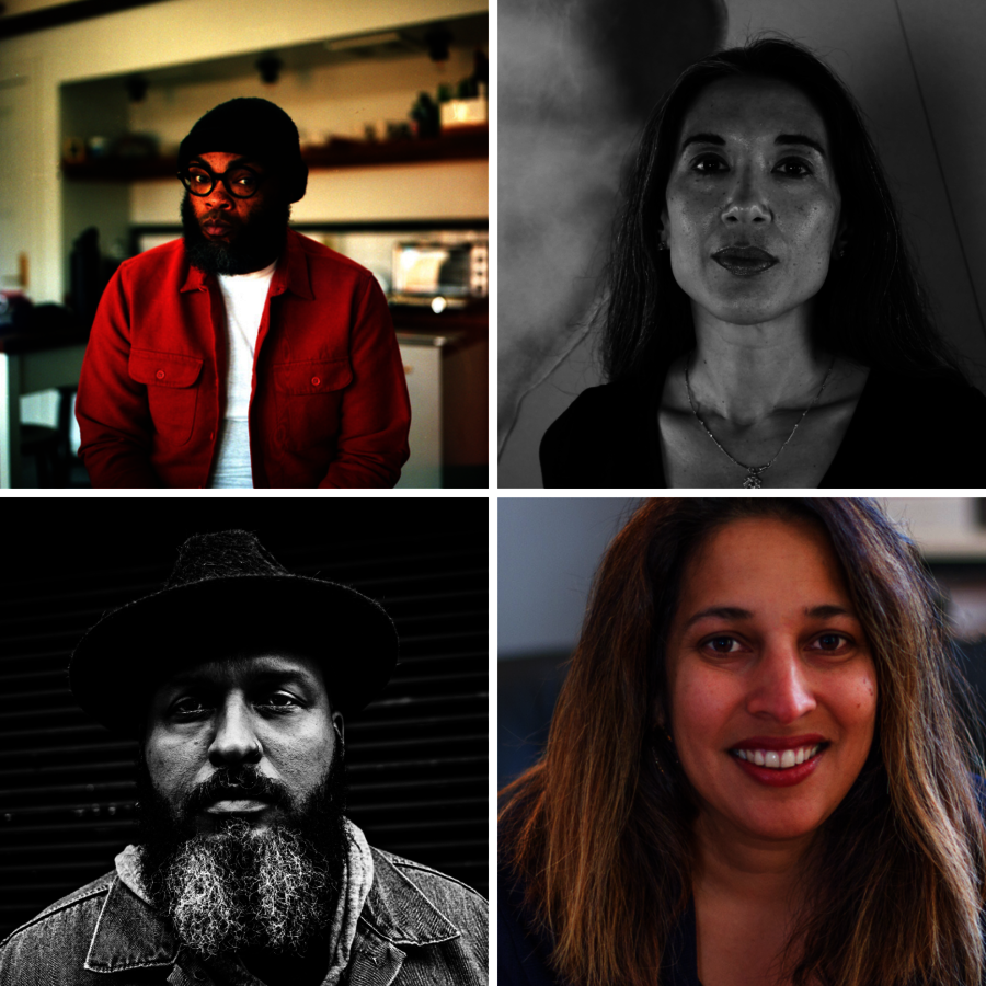 Grid of four photographs of four contemporary poets. The top two images are of Jerriod Avant and Tina Cane. The bottom two images are of John Murillo and Pragaeeta Sharma.