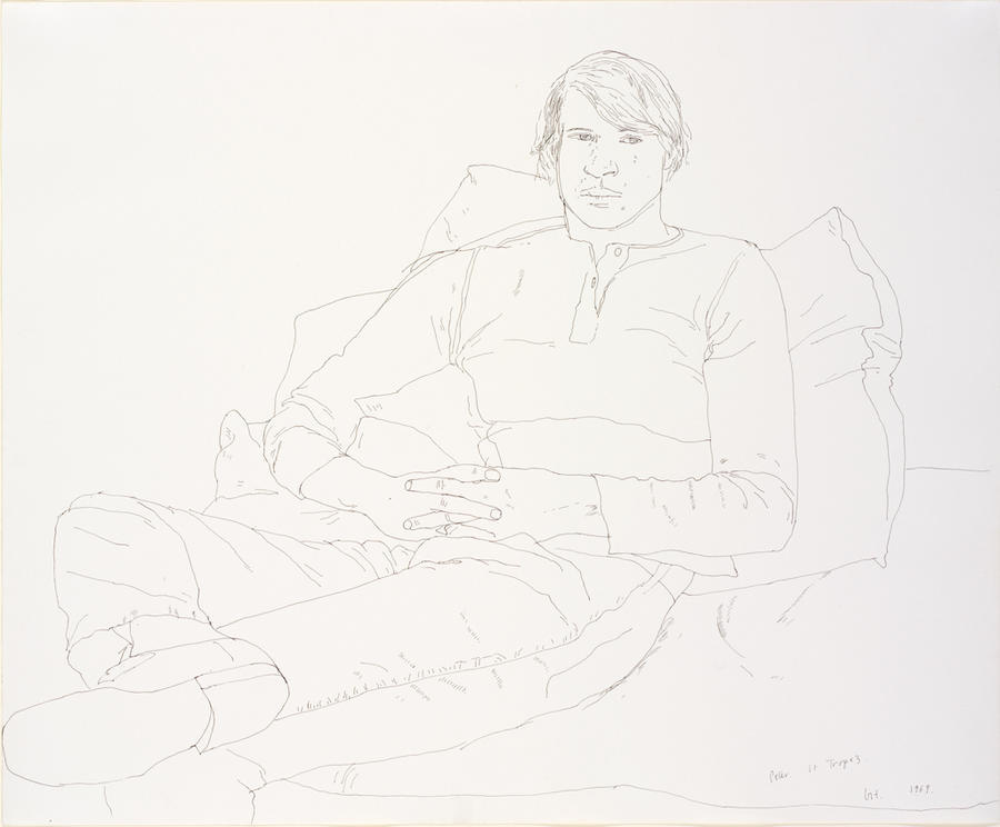 Line drawing of a man. He makes eye contact as he reclines against a pillow, one foot resting on the other knee and his hands clasped in his lap.