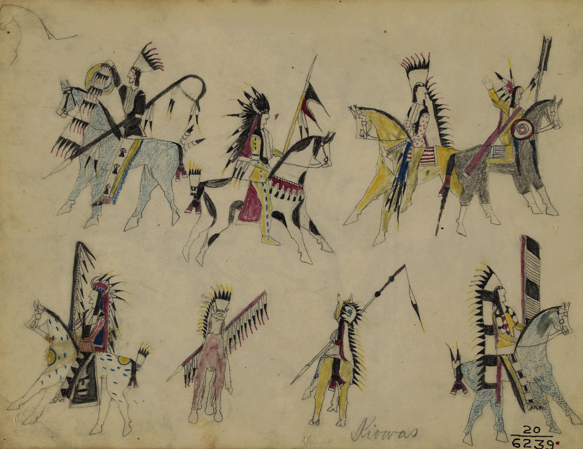 Stylized drawing of eight Native Americans on horseback, rendered in black and pastel blues, yellows, and pale reds. They are elaborately dressed, wearing headdresses and carrying feathered spears. 