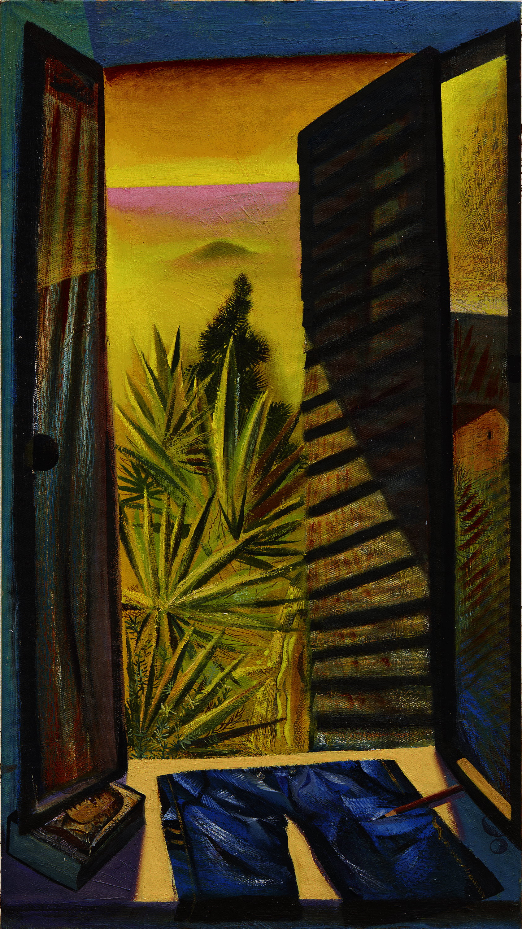 Vibrant stylized painting looking out a window onto vegetation and a pink and yellow sky. A pair of shorts and a book rest on the windowsill.