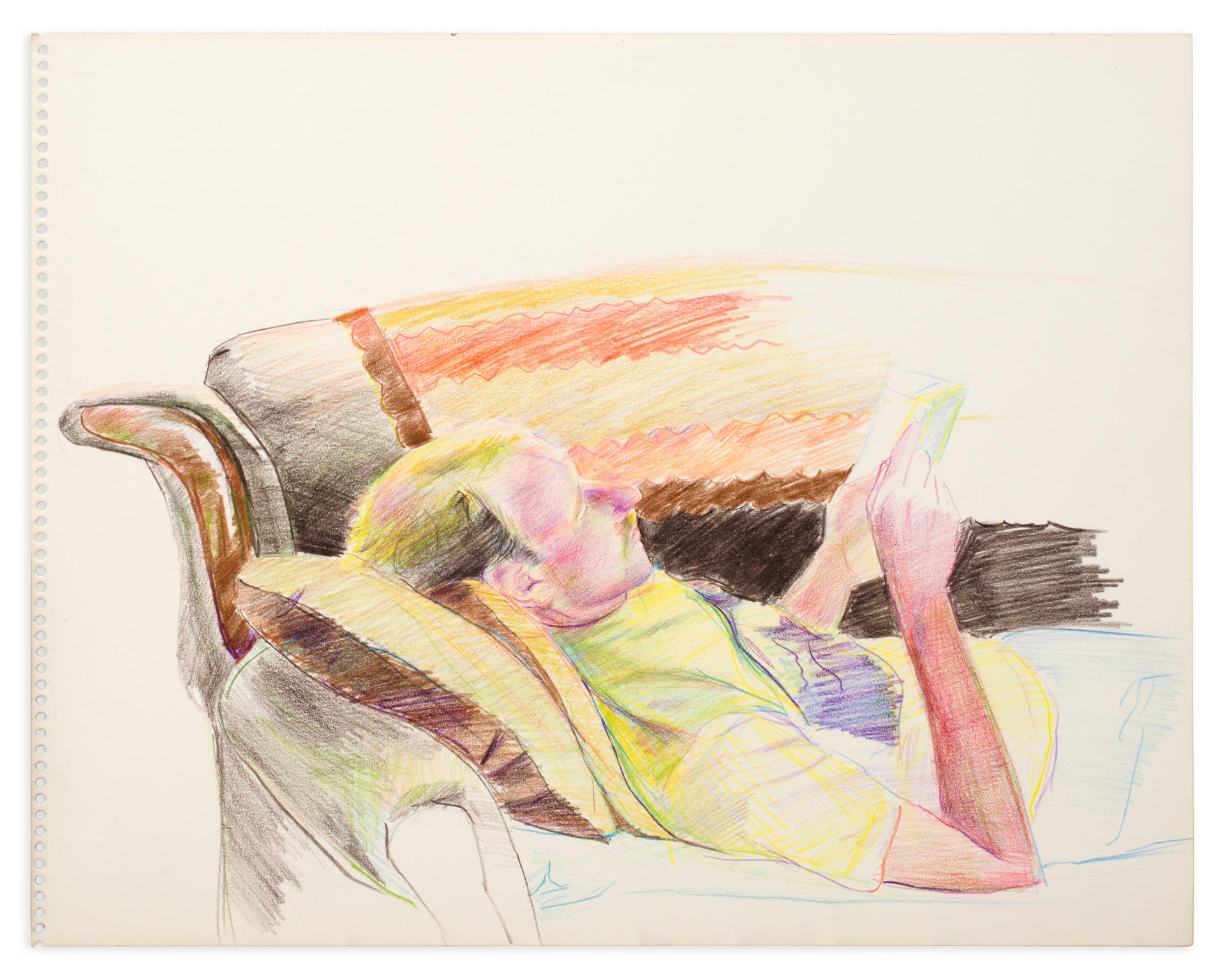 Sketchy pastel-toned colored-pencil drawing of a blond, light-skinned man reading as he lies on a couch. 