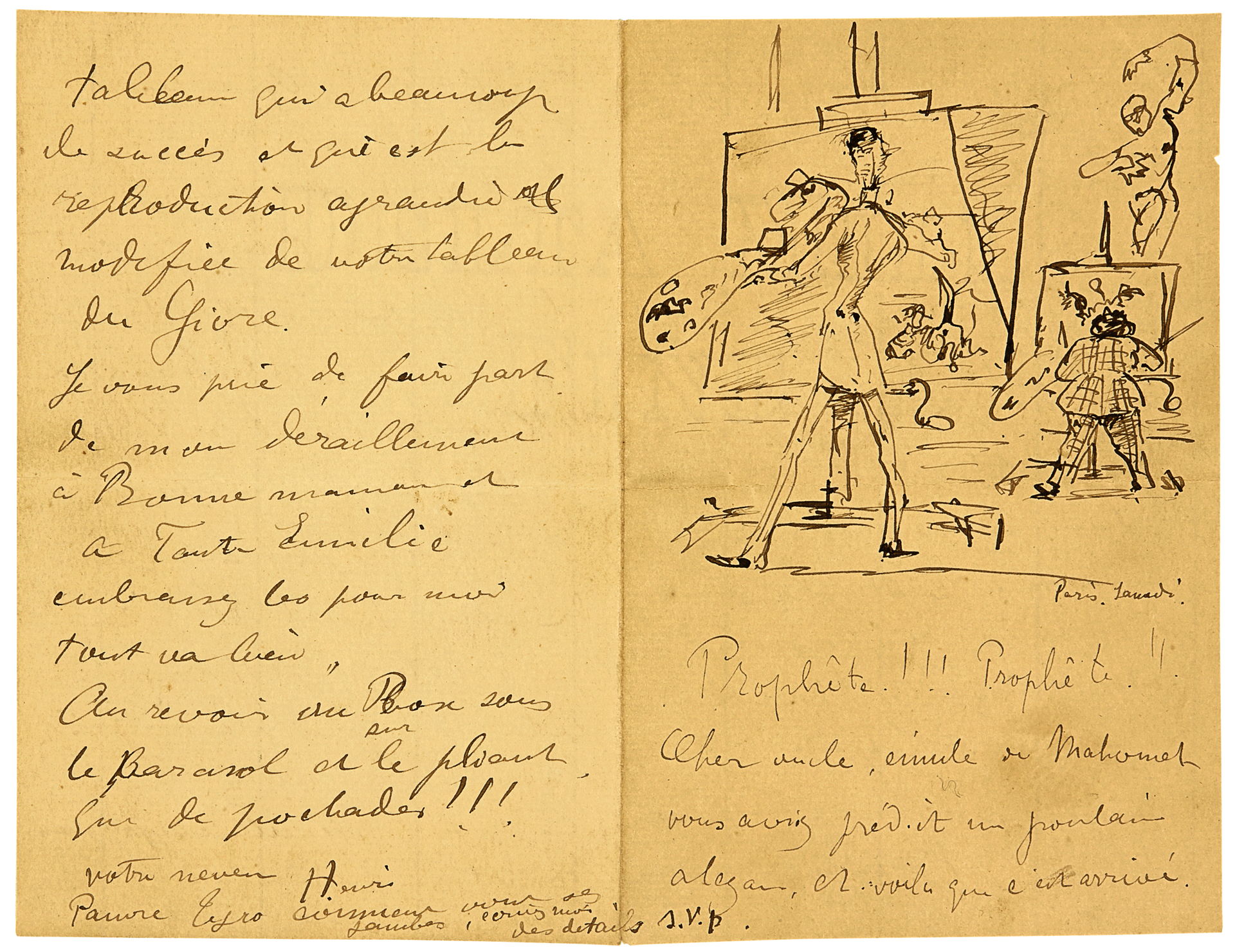 At left and bottom right is handwritten text in French. At top right is a sketch of a tall artist and a short artist painting at easels.