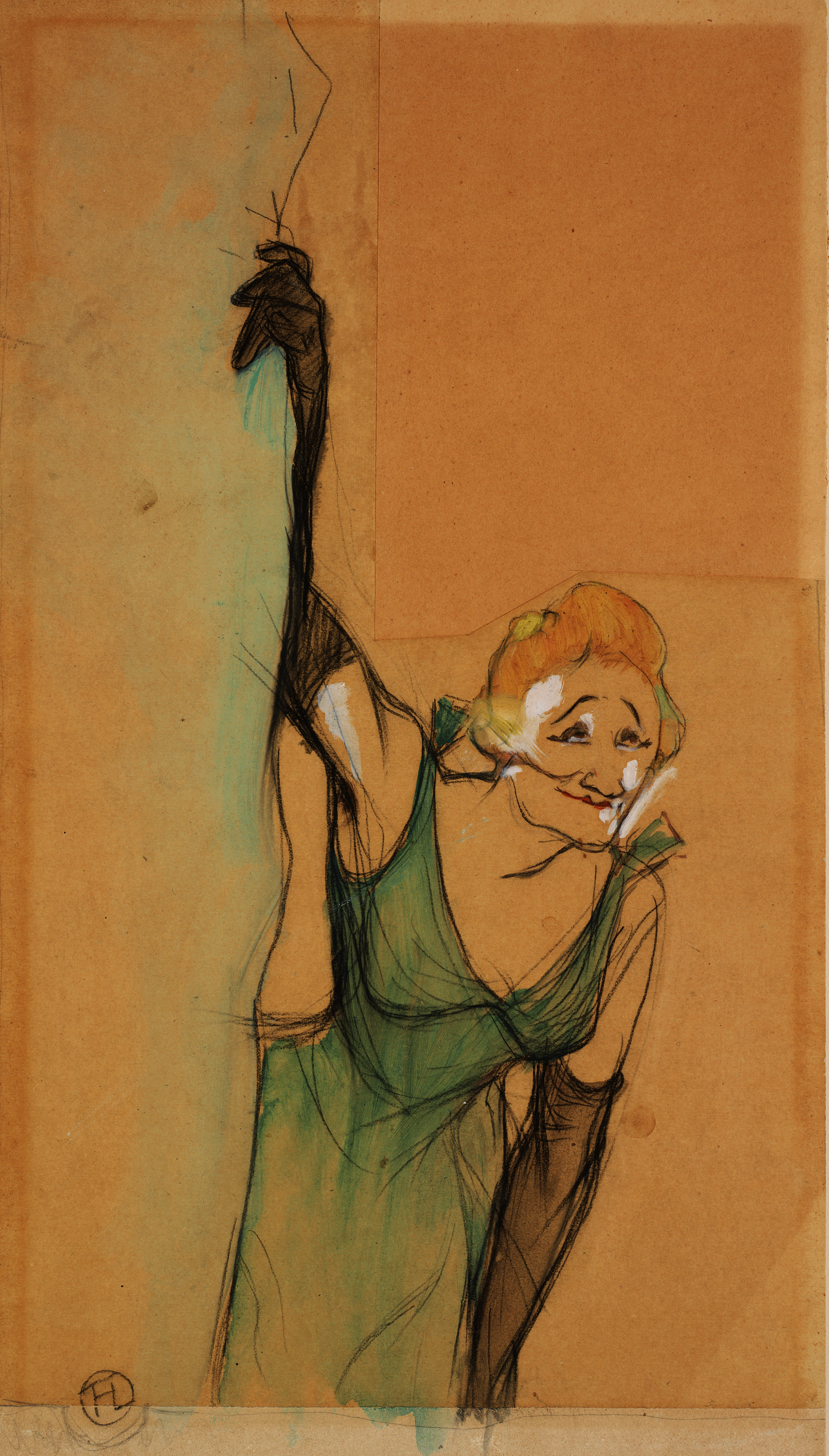 Expressive drawing of a blonde light-skinned woman in a green sleeveless gown and long black gloves. Shown in ¾ view, she turns slightly, smiling and bowing, right arm raised. 