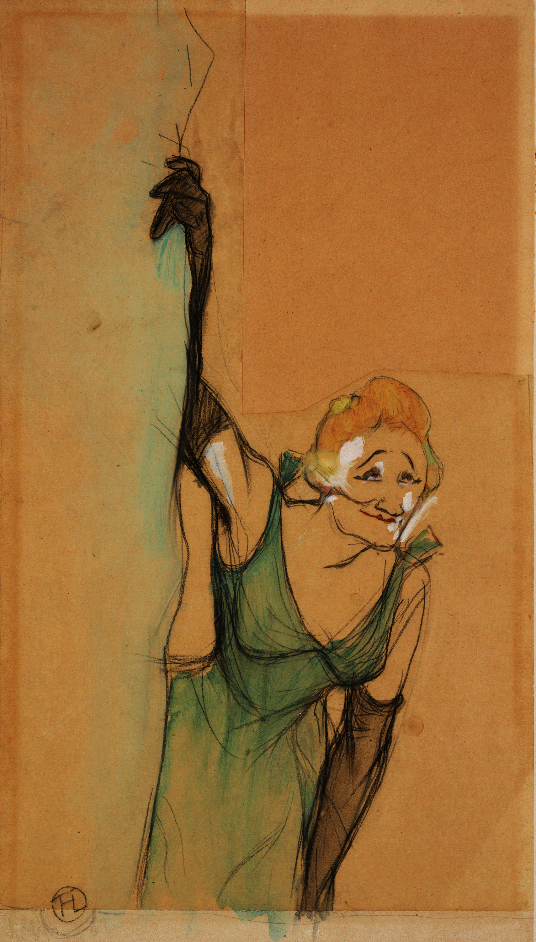 Expressive drawing of a blonde light-skinned woman in a green sleeveless gown and long black gloves. Shown in ¾ view, she turns slightly, smiling and bowing, right arm raised.