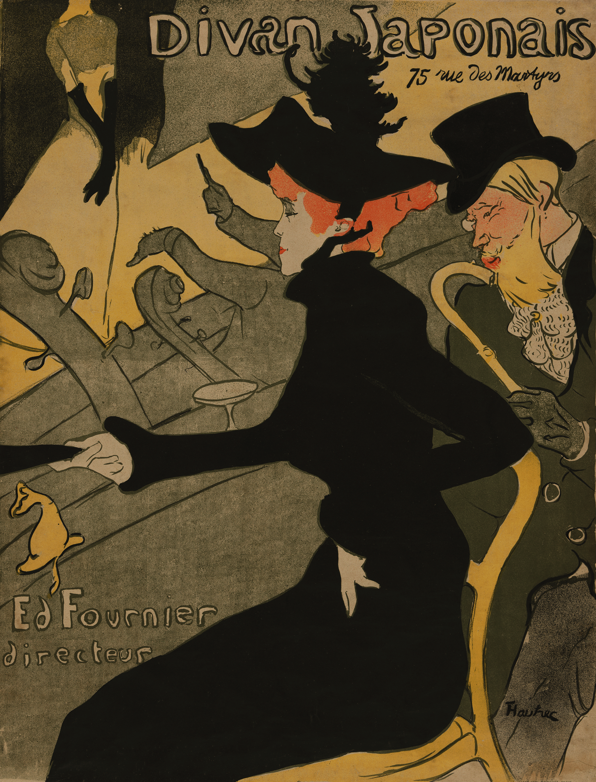 A red-haired light-skinned woman in a black dress and a blonde bearded man in top hat sit in profile before a performer onstage. Strong diagonals in greens, yellows, and blacks. Script at top reads: “Divan Japonais, 75 rue des Martyrs.”