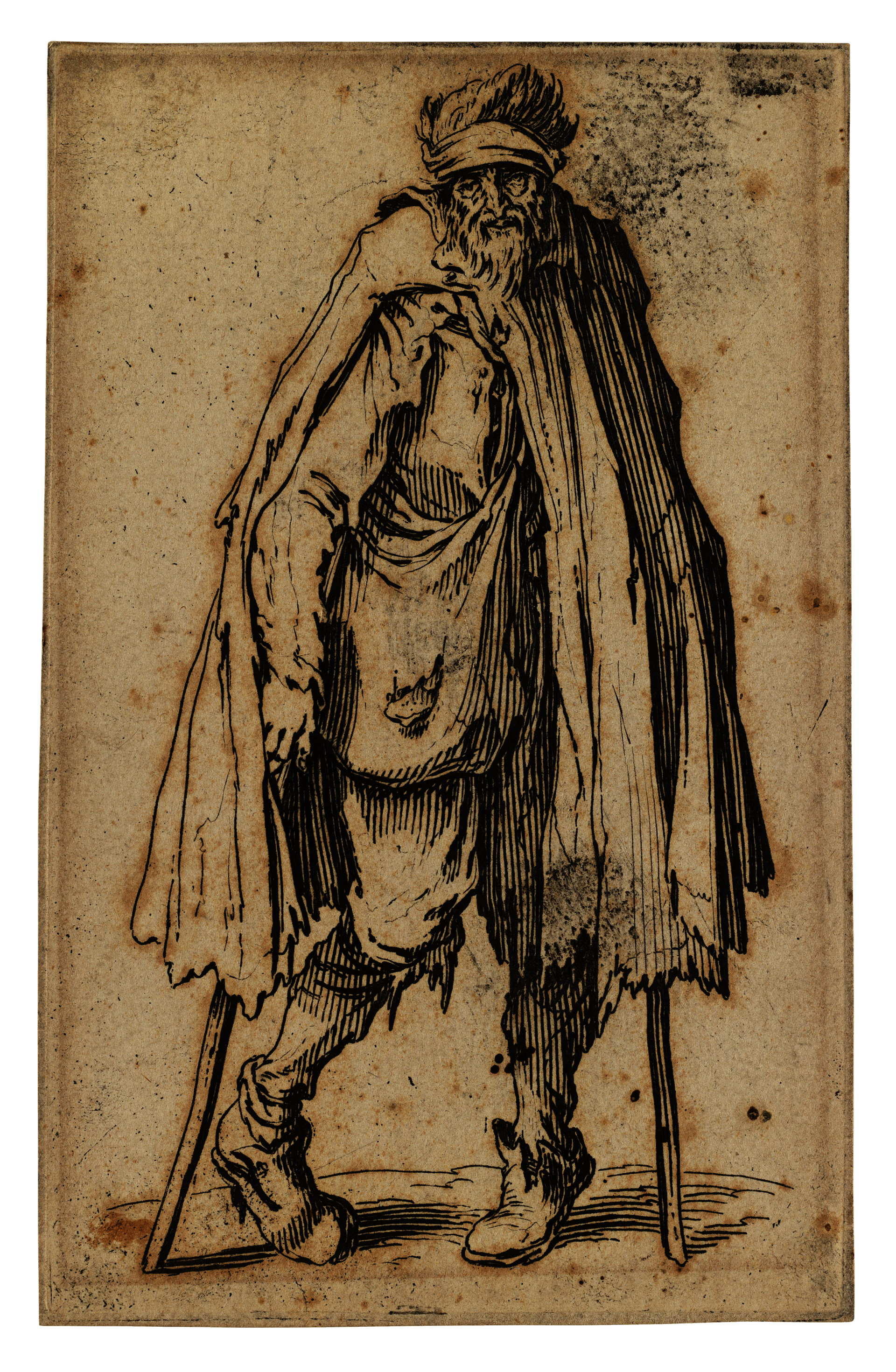 Drawing of a bearded old man standing on crutches. He wears tattered clothes and his feet turn in painfully.