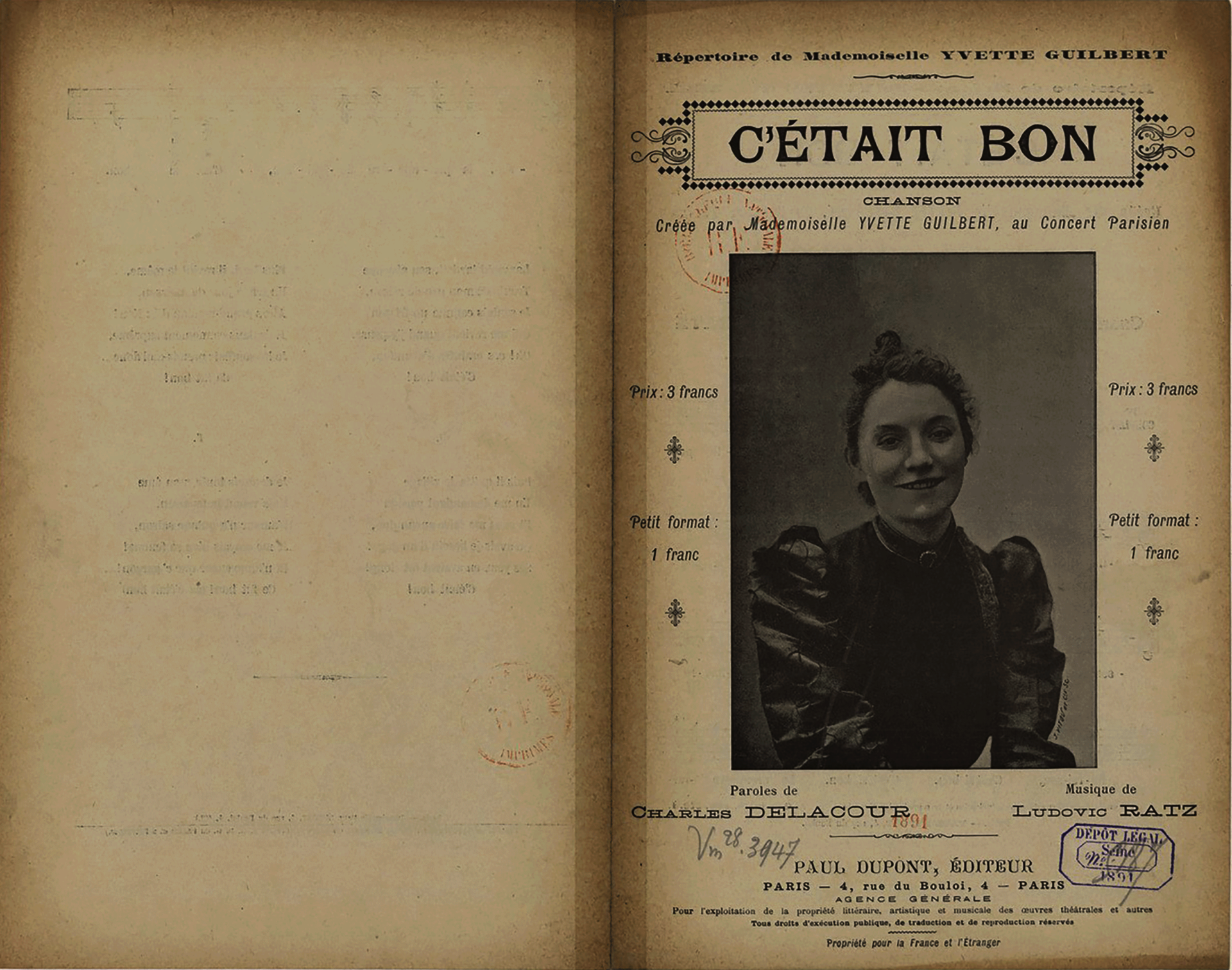 Sheet music cover with a black-and-white photo of a smiling young light-skinned woman wearing a long-sleeved fitted black dress, her hair in a bun. Text in French reads: "Répertoire de Mademoiselle Yvette Guilbert. C'était Bon, chanson. Créée par Mademoiselle Yvette Guilbert, au concert au Parisien. Prix: 3 francs. Petit format: 1 franc. Paroles de Charles Delacour. Musique de Ludovic Ratz. Paul Dupont, éditeur. 4 rue de Bouloi, Paris. Pour exploitation de la propriété littéraire, artistique, et musicale de